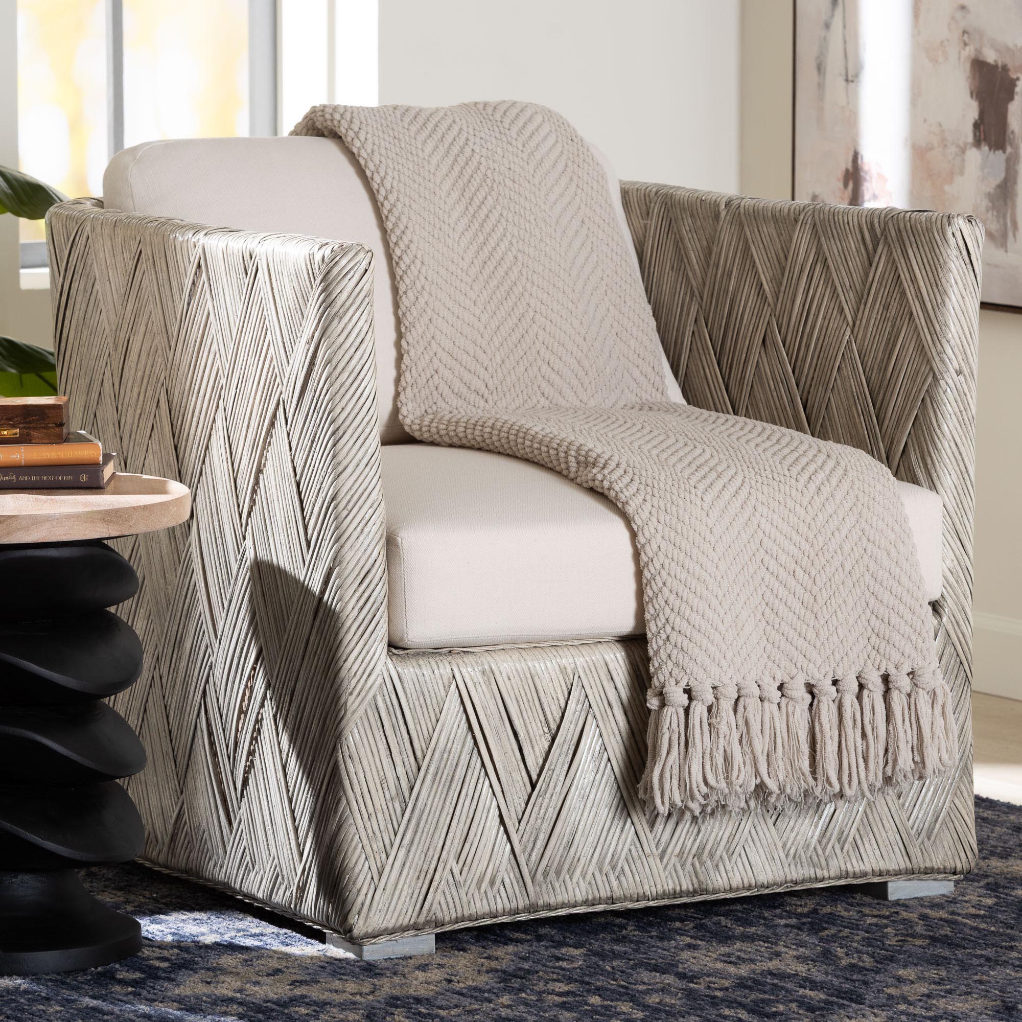 bali & pari Melbourne Natural Rattan Lounge Chair - Handwoven Wicker Armchair with Tuxedo Frame for Living Room, Lounge, or Sun Room
