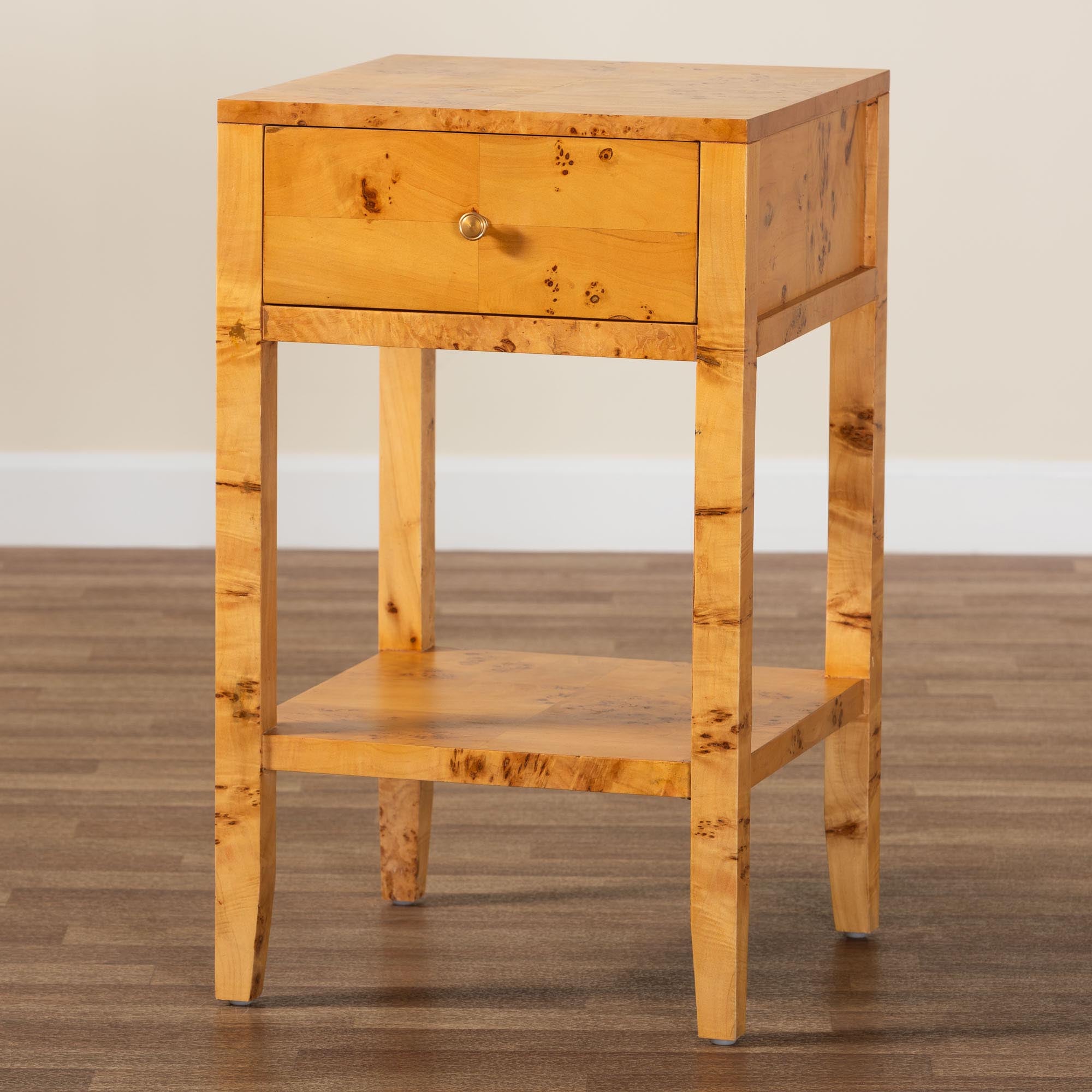 bali & pari Ghina Modern and Contemporary Natural Light Mappa Real Burl Wood 1-Drawer Nightstand