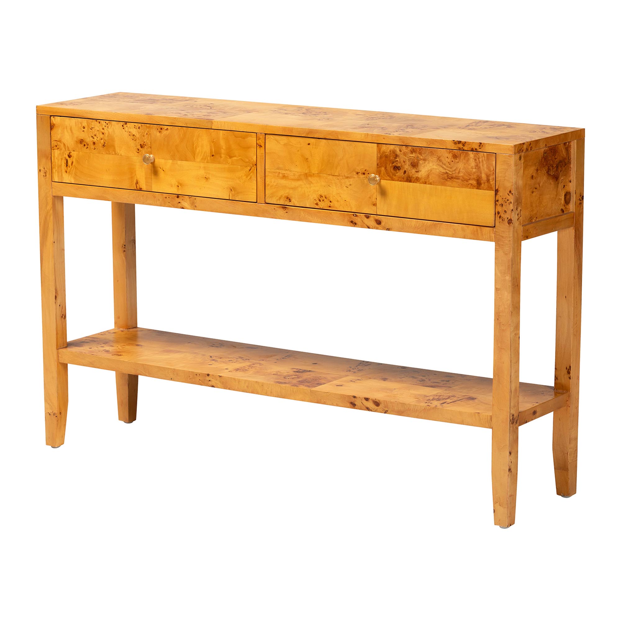 bali & pari Ghina Modern and Contemporary Natural Light Mappa Real Burl Wood 2-Drawer Console Table