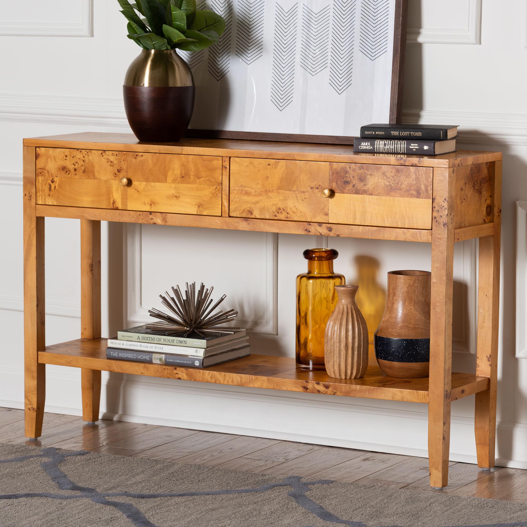 bali & pari Ghina Modern and Contemporary Natural Light Mappa Real Burl Wood 2-Drawer Console Table