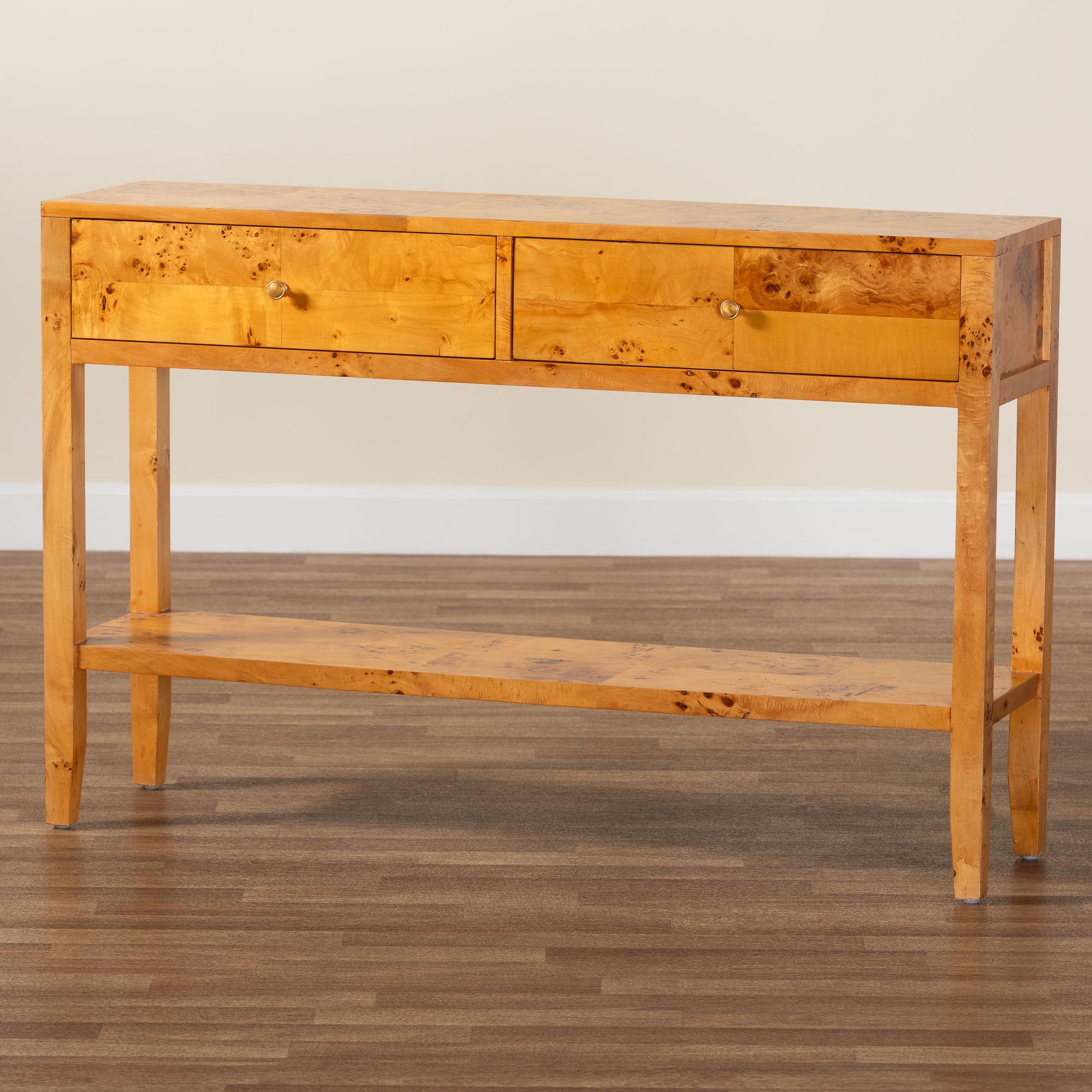 bali & pari Ghina Modern and Contemporary Natural Light Mappa Real Burl Wood 2-Drawer Console Table