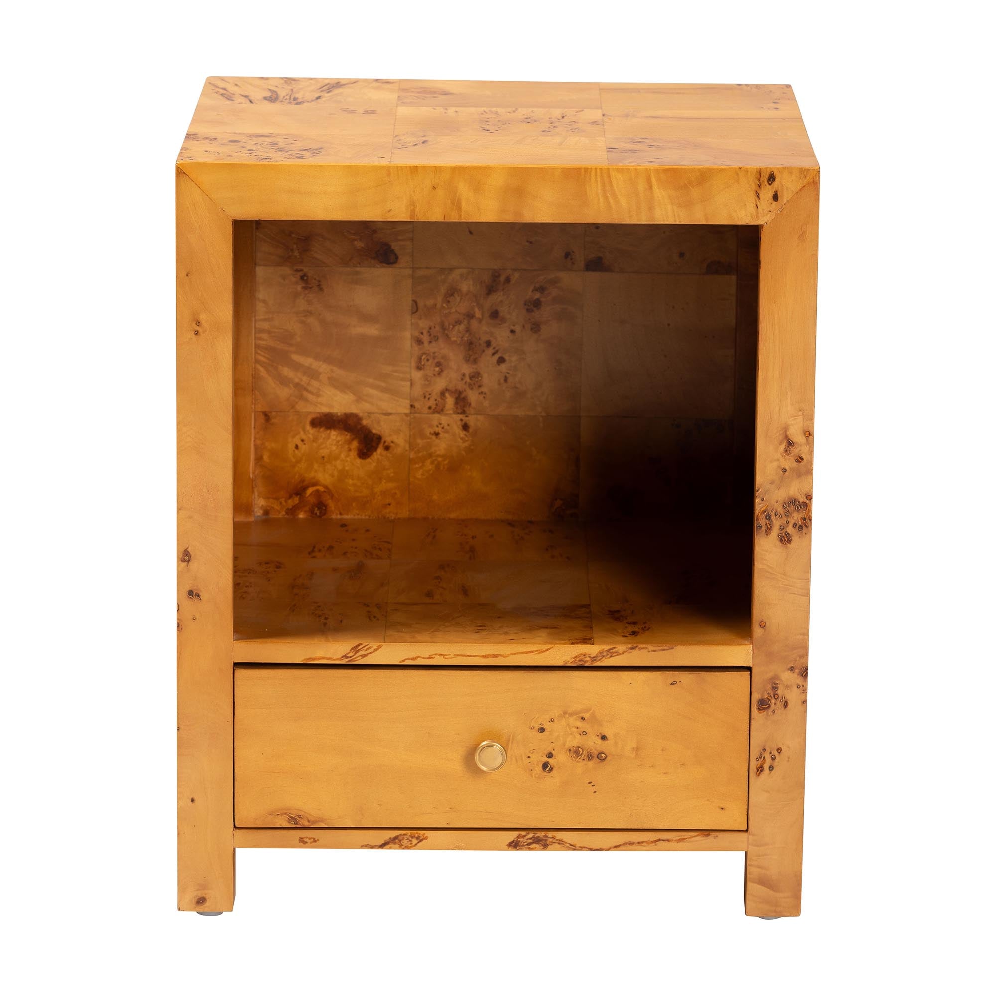 bali & pari Camira Modern and Contemporary Natural Light Mappa Real Burl Wood 1-Drawer Nightstand