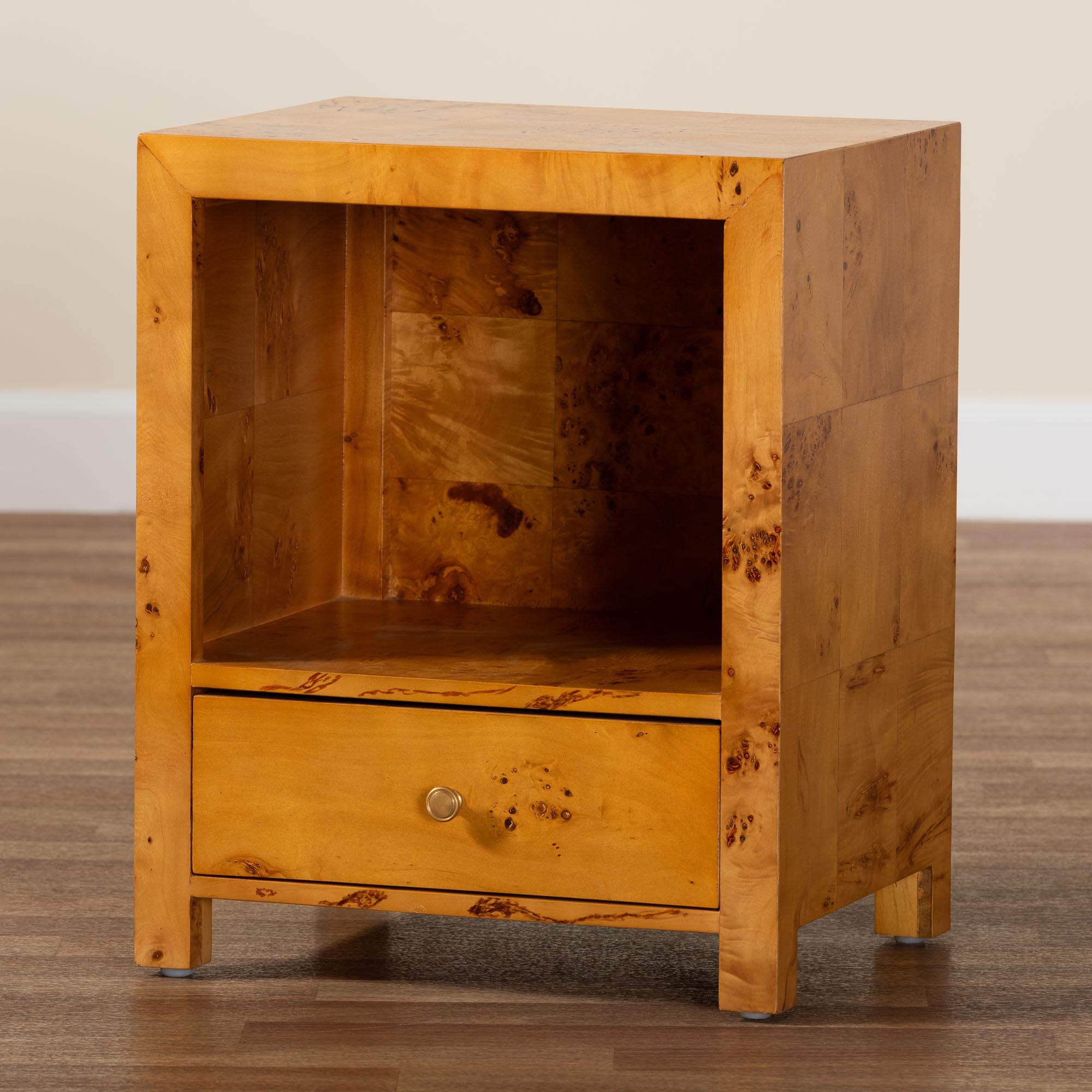 bali & pari Camira Modern and Contemporary Natural Light Mappa Real Burl Wood 1-Drawer Nightstand