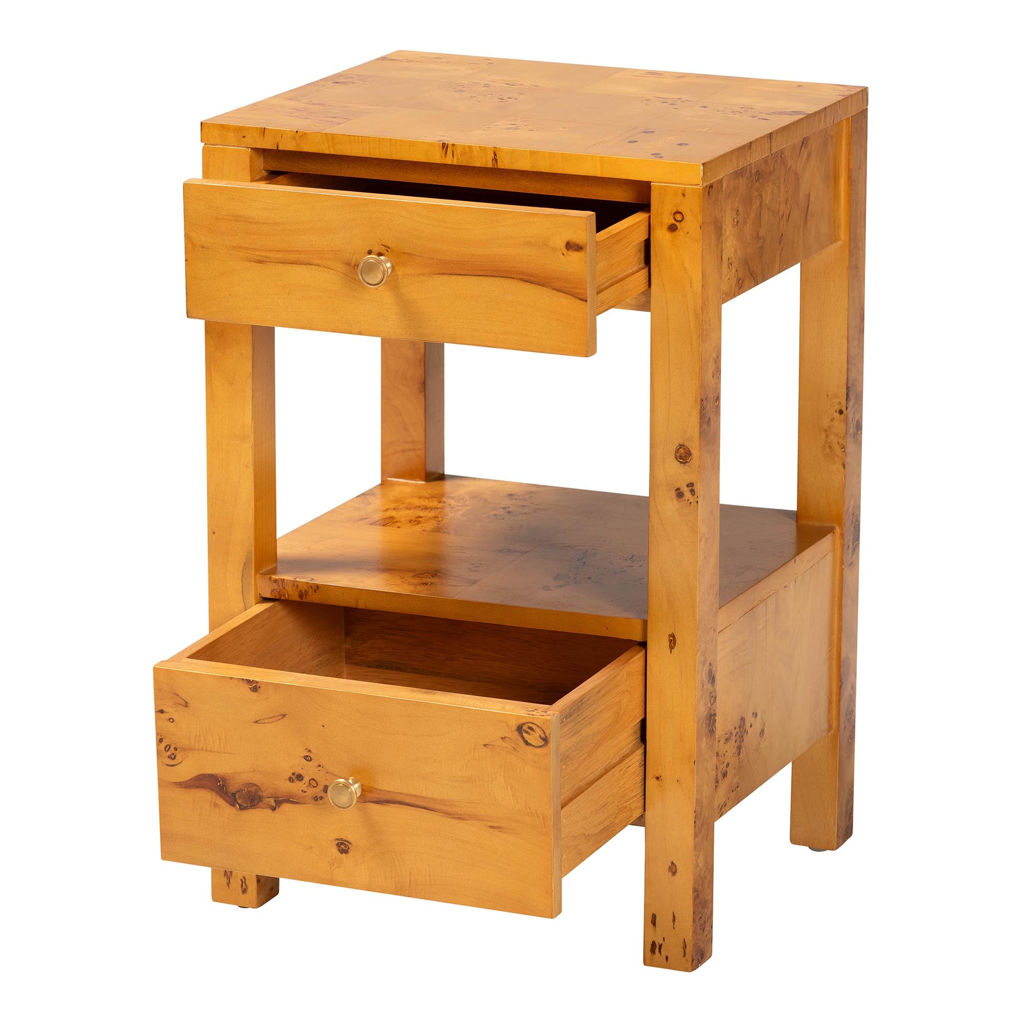 bali & pari Azmi Modern and Contemporary Natural Light Mappa Real Burl Wood 2-Drawer Nightstand