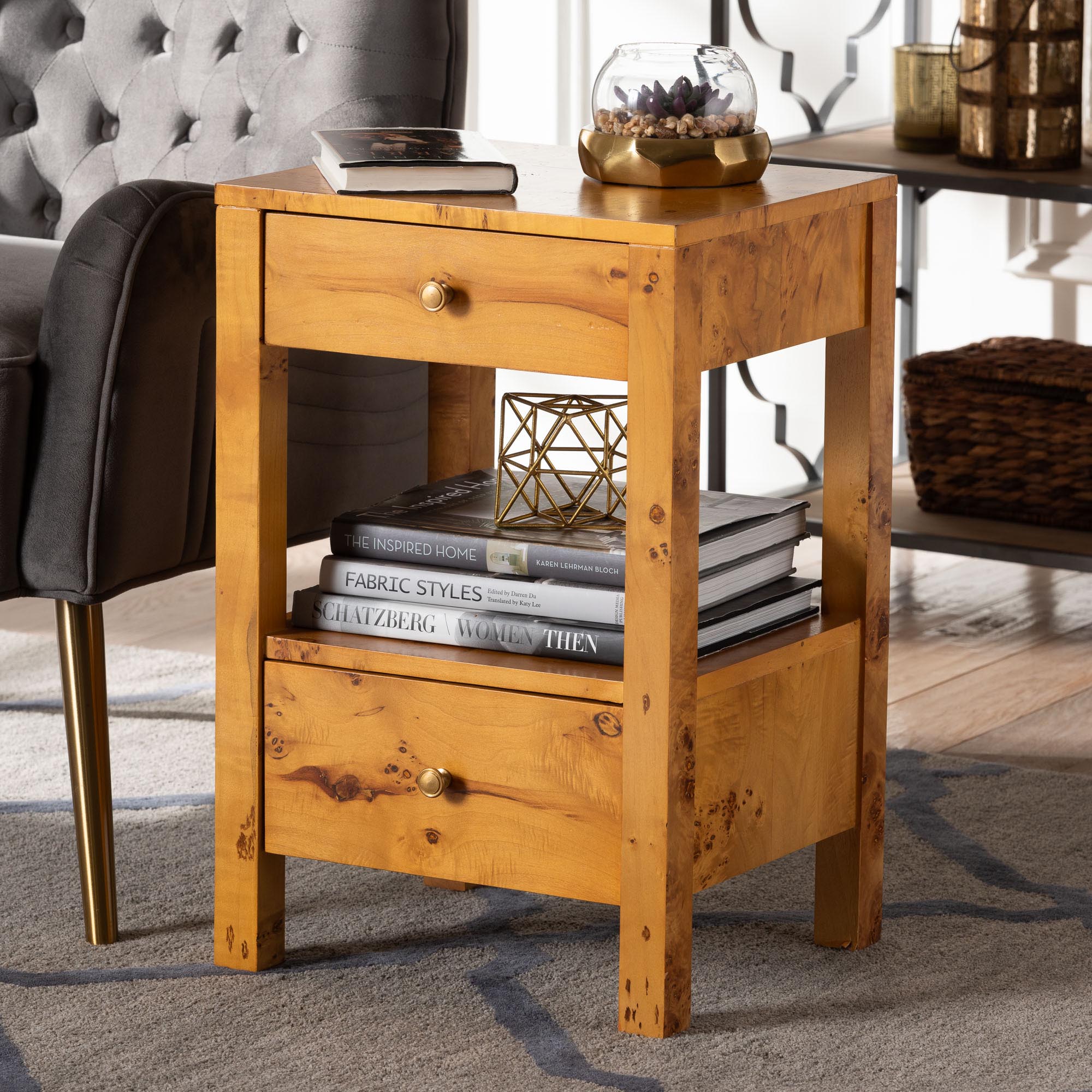 bali & pari Azmi Modern and Contemporary Natural Light Mappa Real Burl Wood 2-Drawer Nightstand