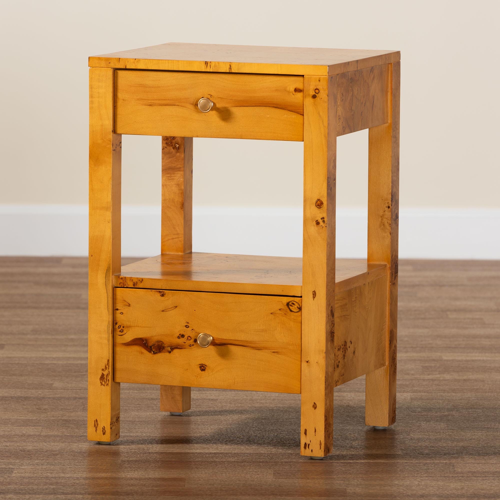 bali & pari Azmi Modern and Contemporary Natural Light Mappa Real Burl Wood 2-Drawer Nightstand