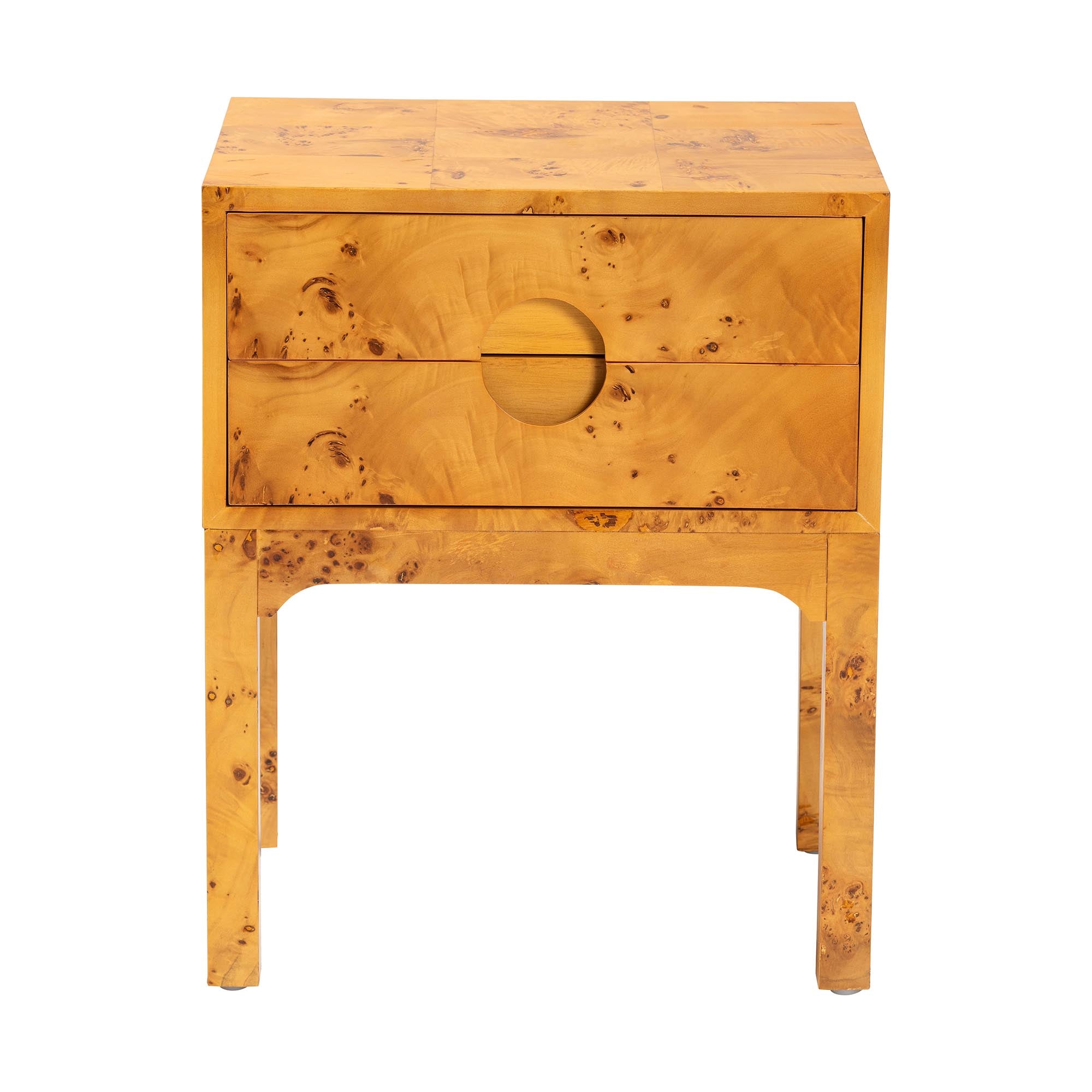 bali & pari Kayla Modern and Contemporary Natural Light Mappa Real Burl Wood 2-Drawer Nightstand