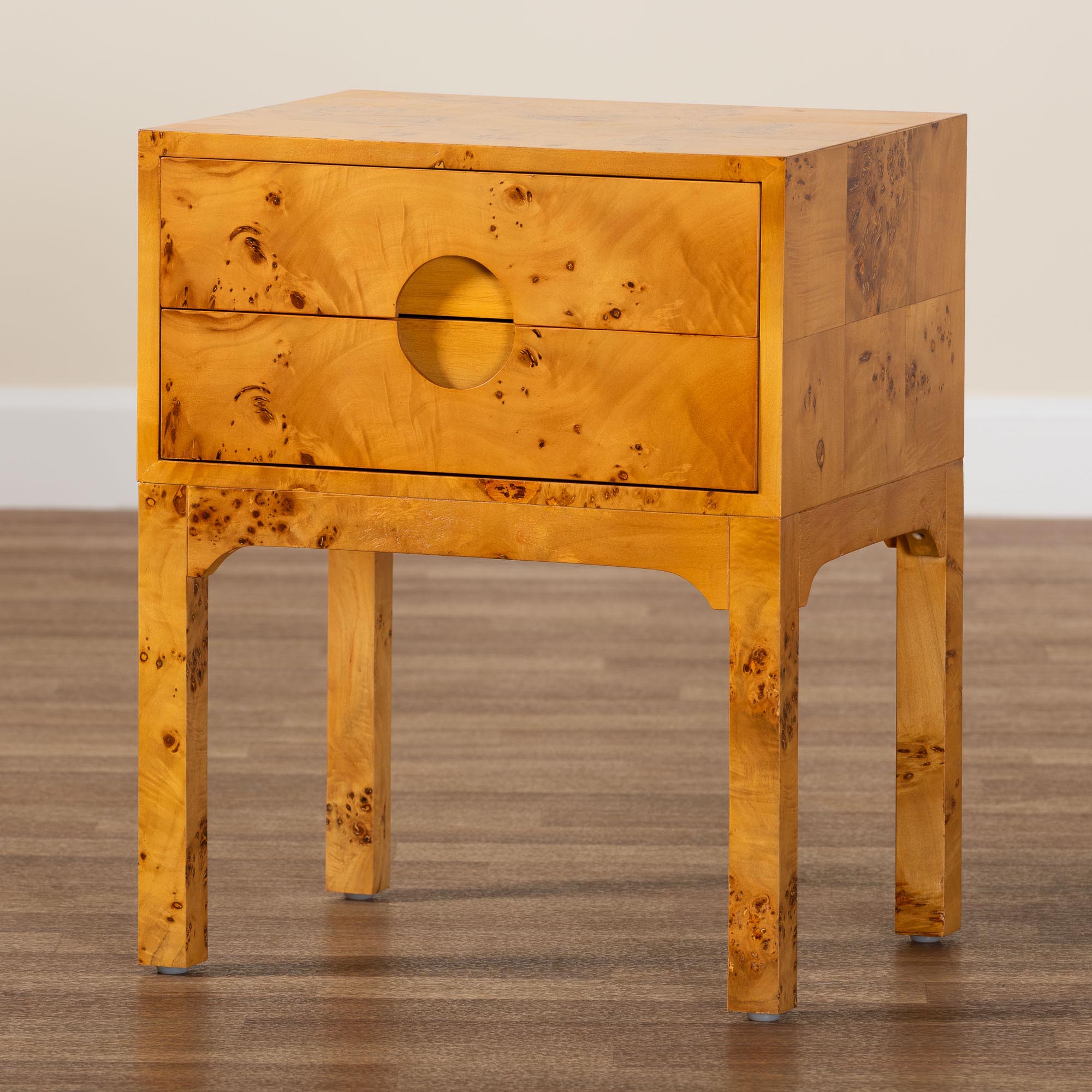 bali & pari Kayla Modern and Contemporary Natural Light Mappa Real Burl Wood 2-Drawer Nightstand