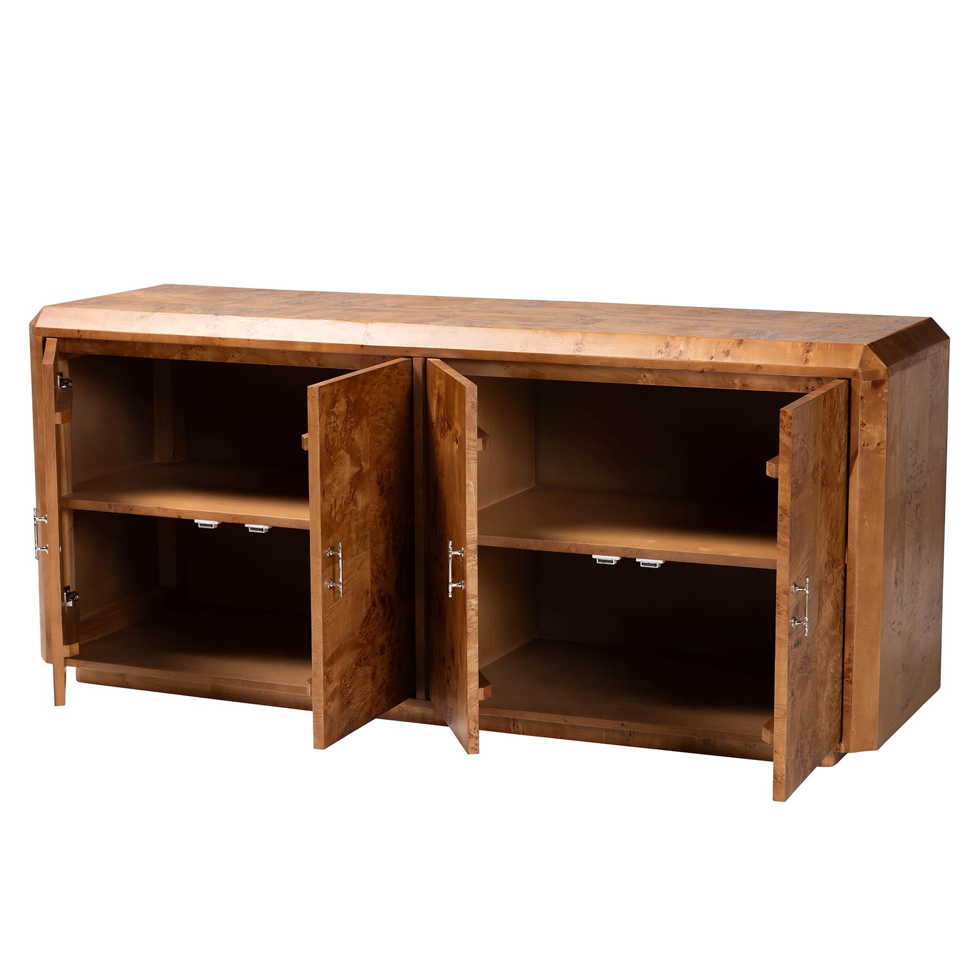 bali & pari Valora Modern and Contemporary Natural Mappa Real Burl Wood 4-Door Sideboard Buffet