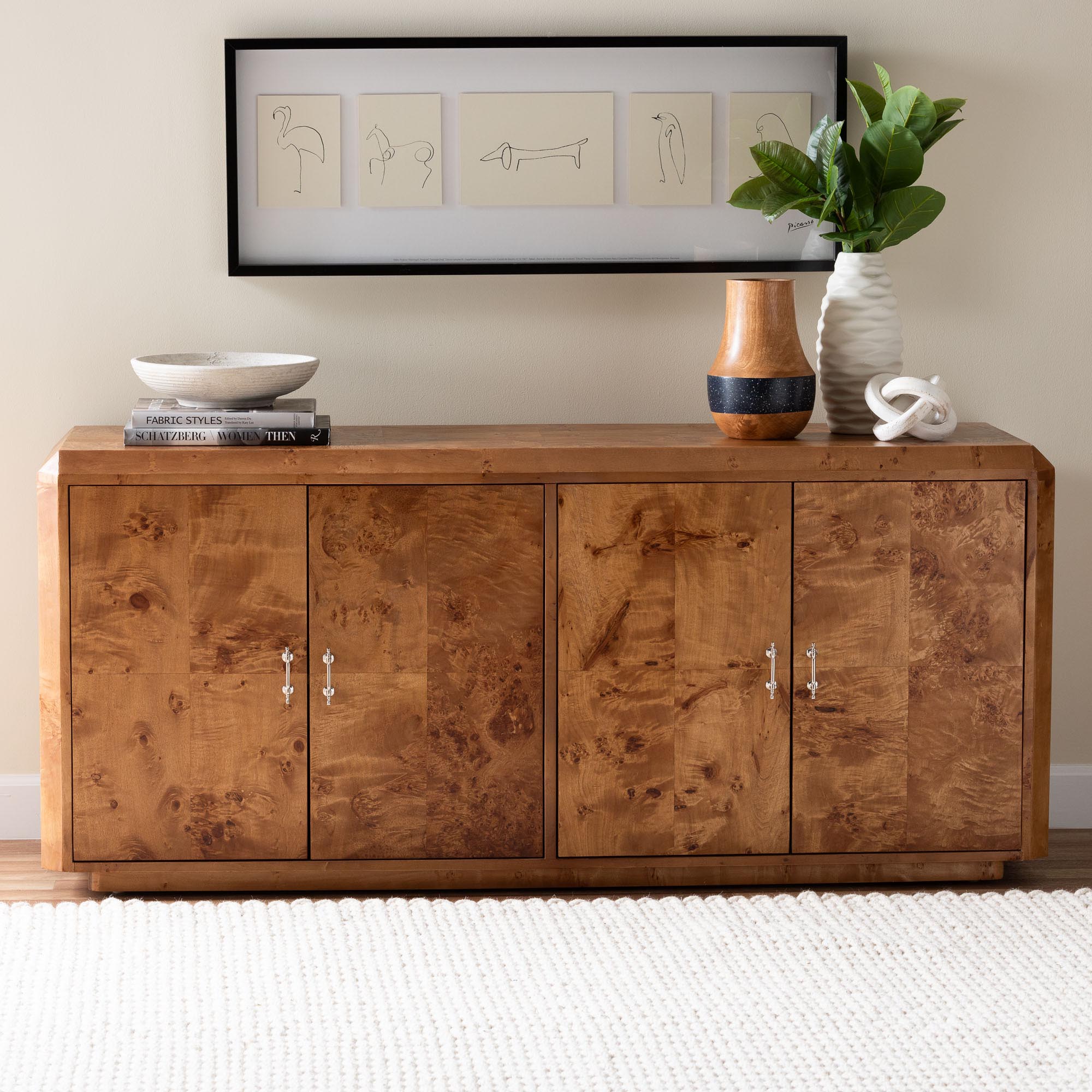 bali & pari Valora Modern and Contemporary Natural Mappa Real Burl Wood 4-Door Sideboard Buffet