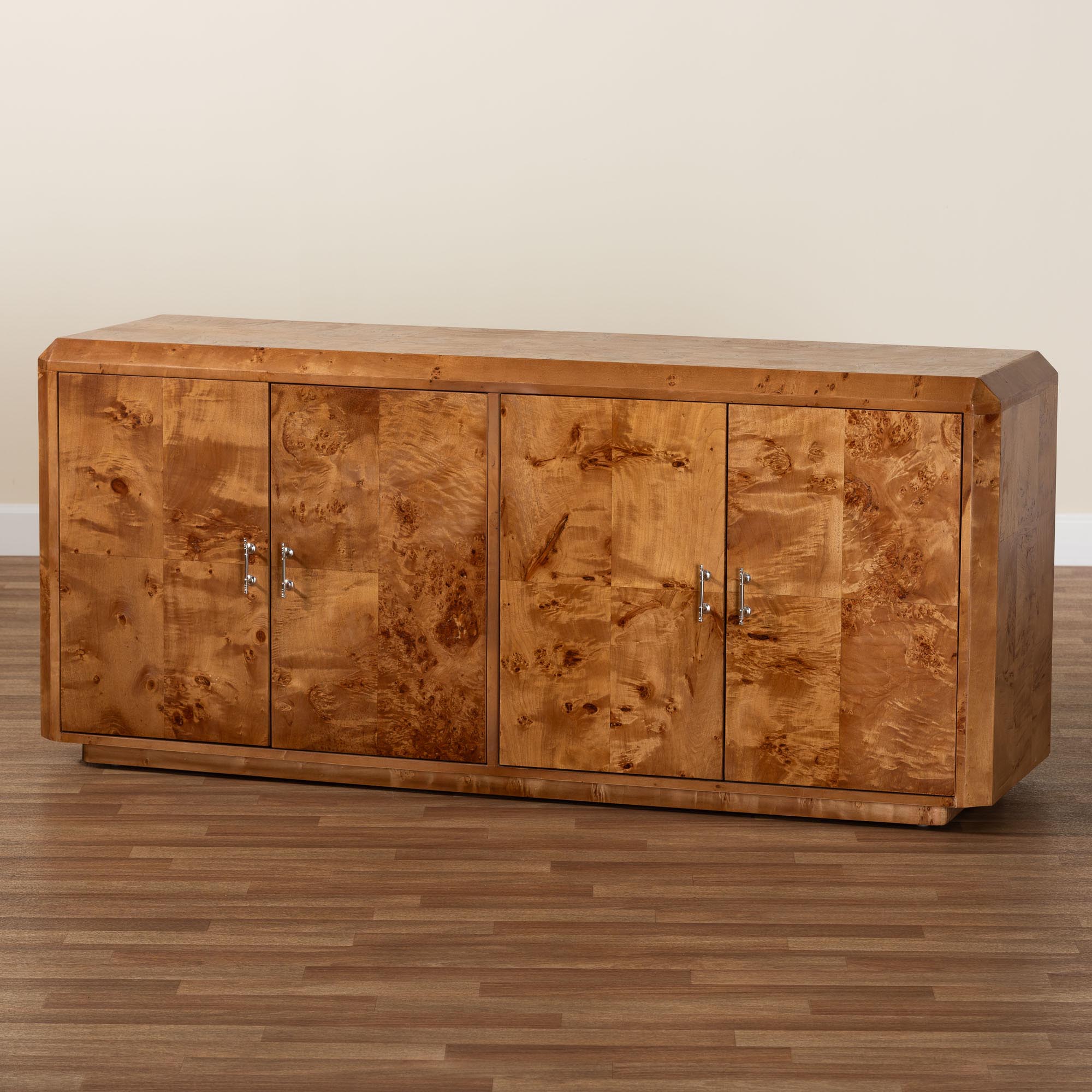 bali & pari Valora Modern and Contemporary Natural Mappa Real Burl Wood 4-Door Sideboard Buffet