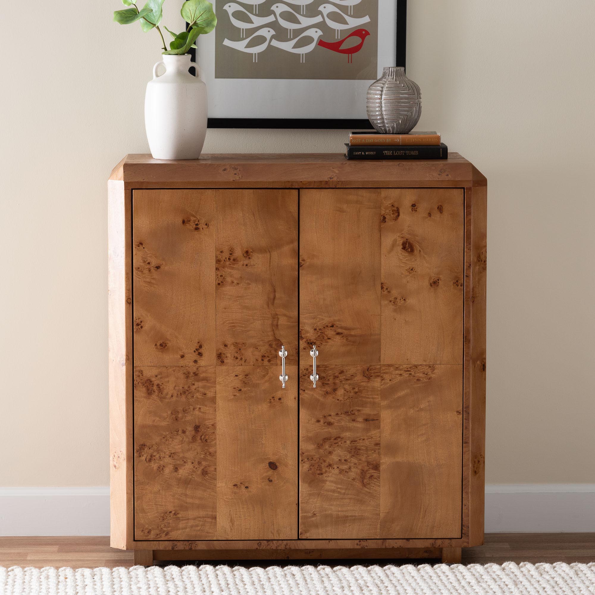 bali & pari Valora Modern and Contemporary Natural Mappa Real Burl Wood 2-Door Console Cabinet