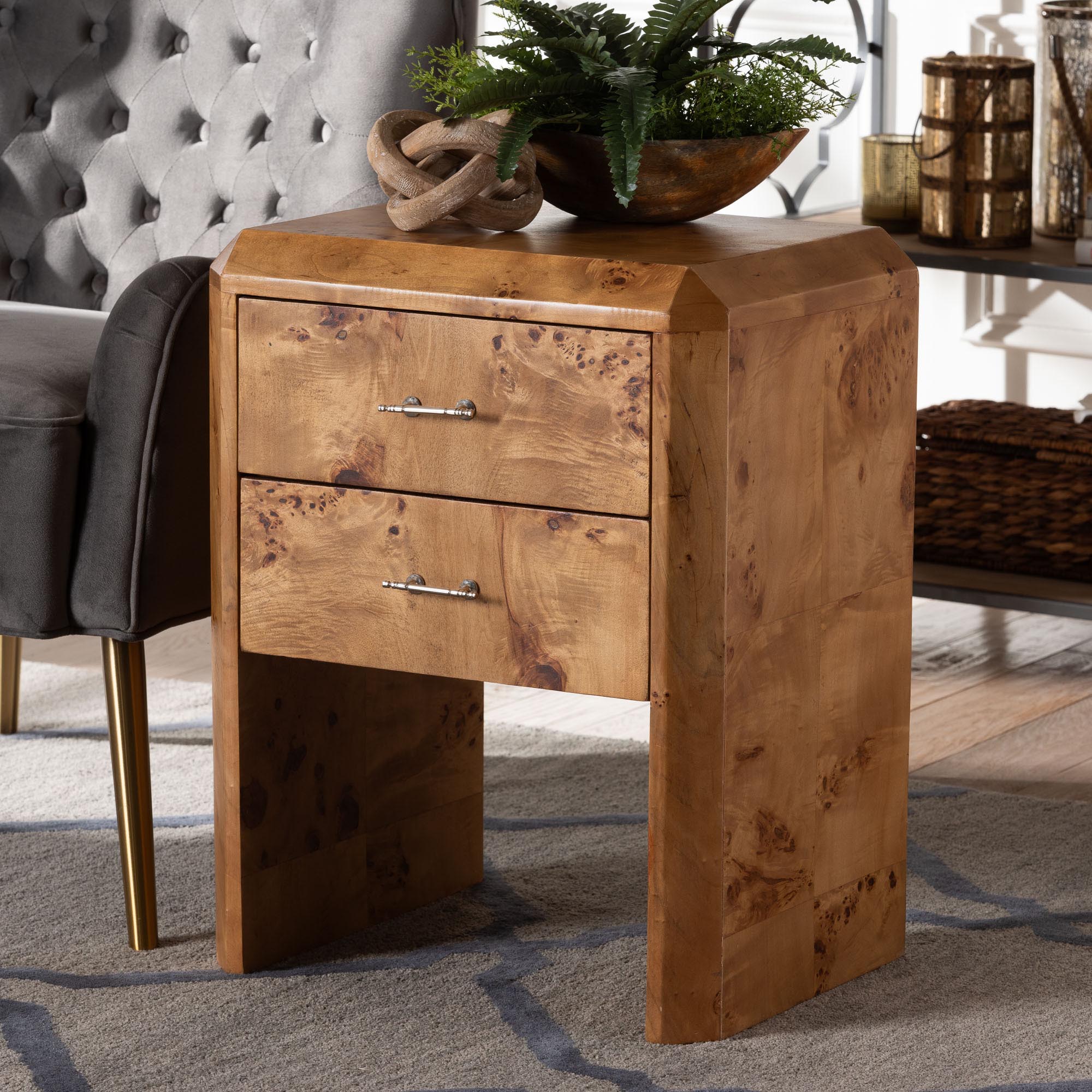 bali & pari Nebu Modern and Contemporary Natural Mappa Real Burl Wood Nightstand