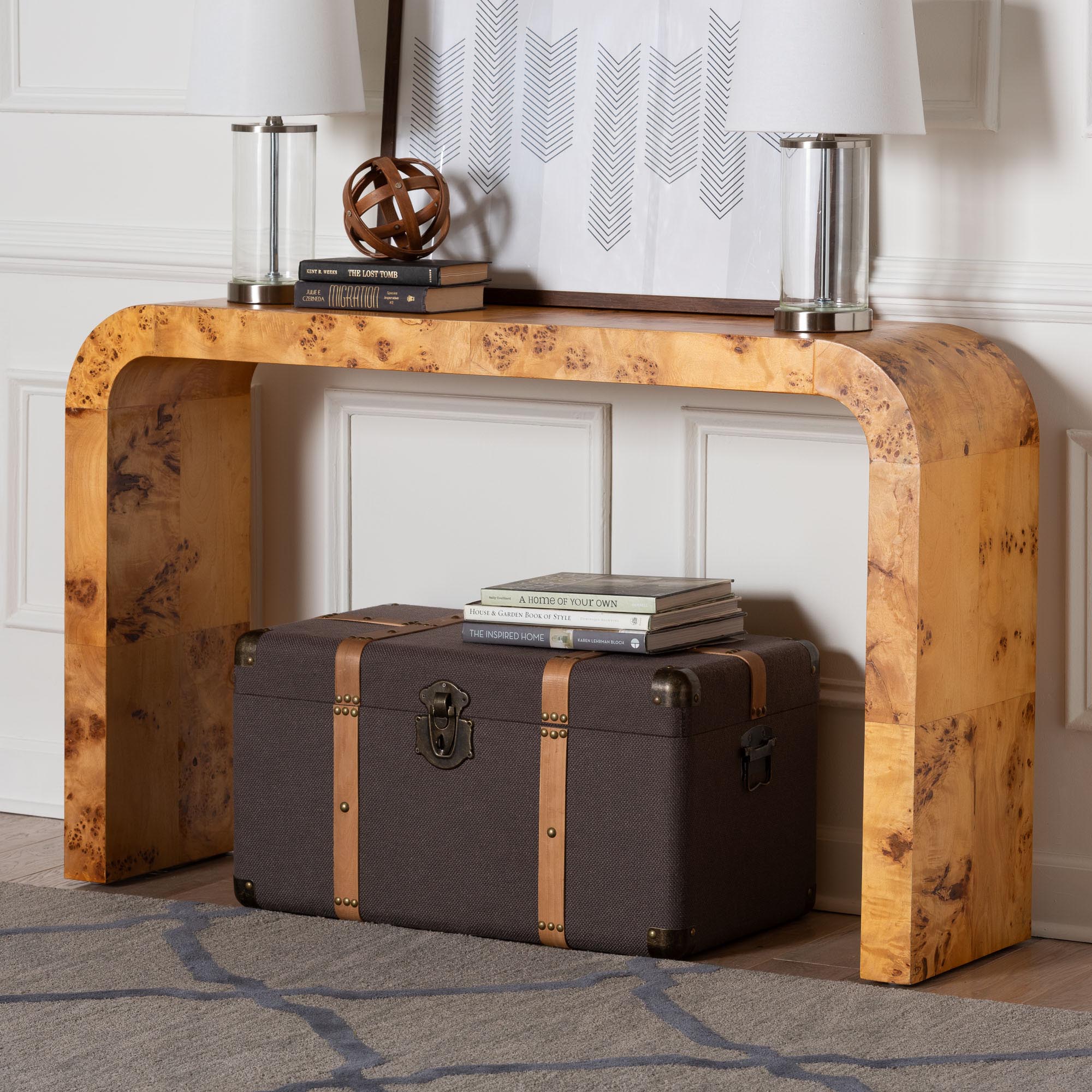 bali & pari Revelle Modern and Contemporary Natural Light Mappa Real Burl Wood Console Table