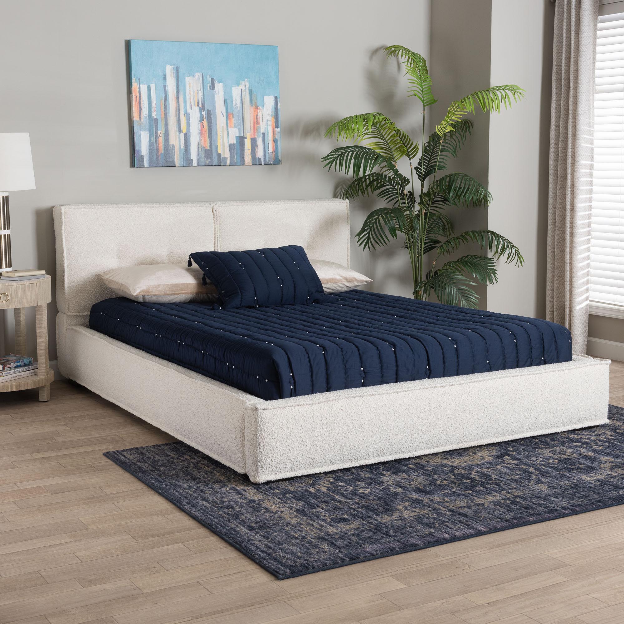 Baxton Studio Laverick Modern Cream Boucle Queen Platform Bed with Border Piping
