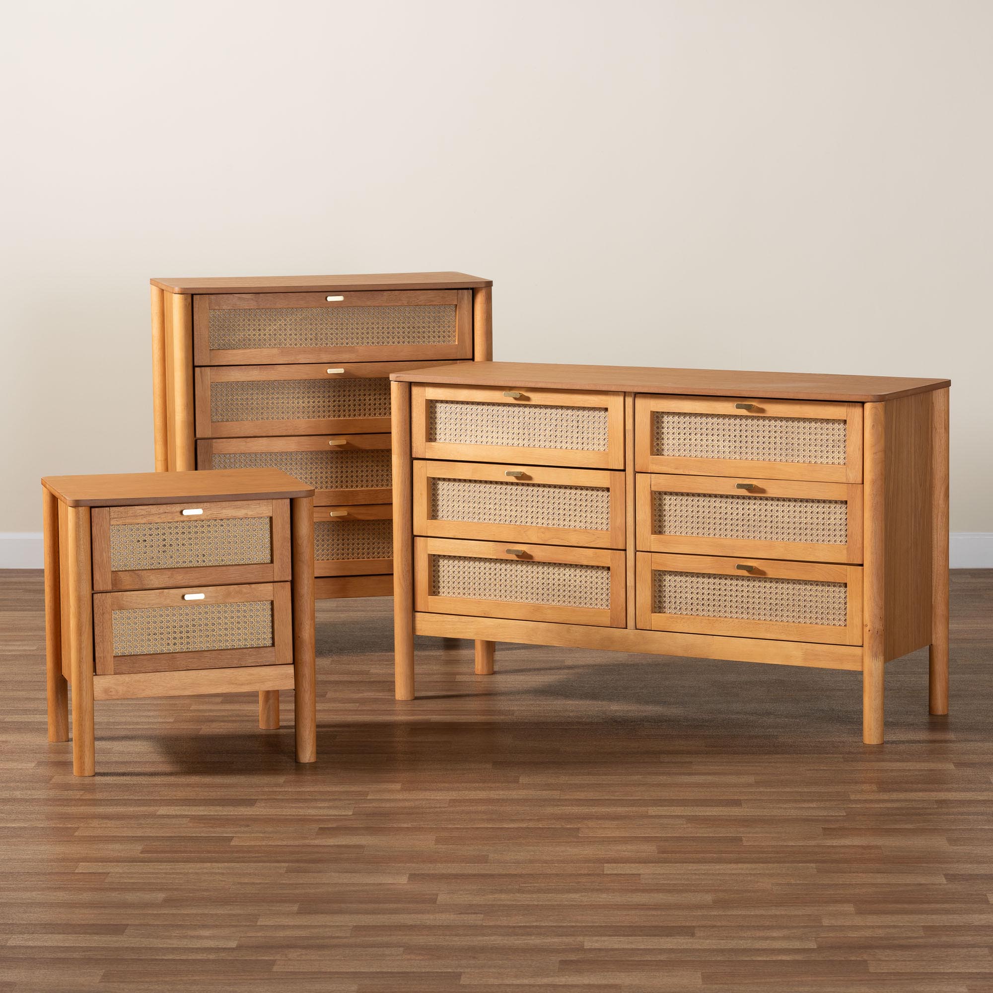 Baxton Studio Jenn Golden Brown Wood Japandi 3-Piece Storage Set with Distressed-Finished Rattan