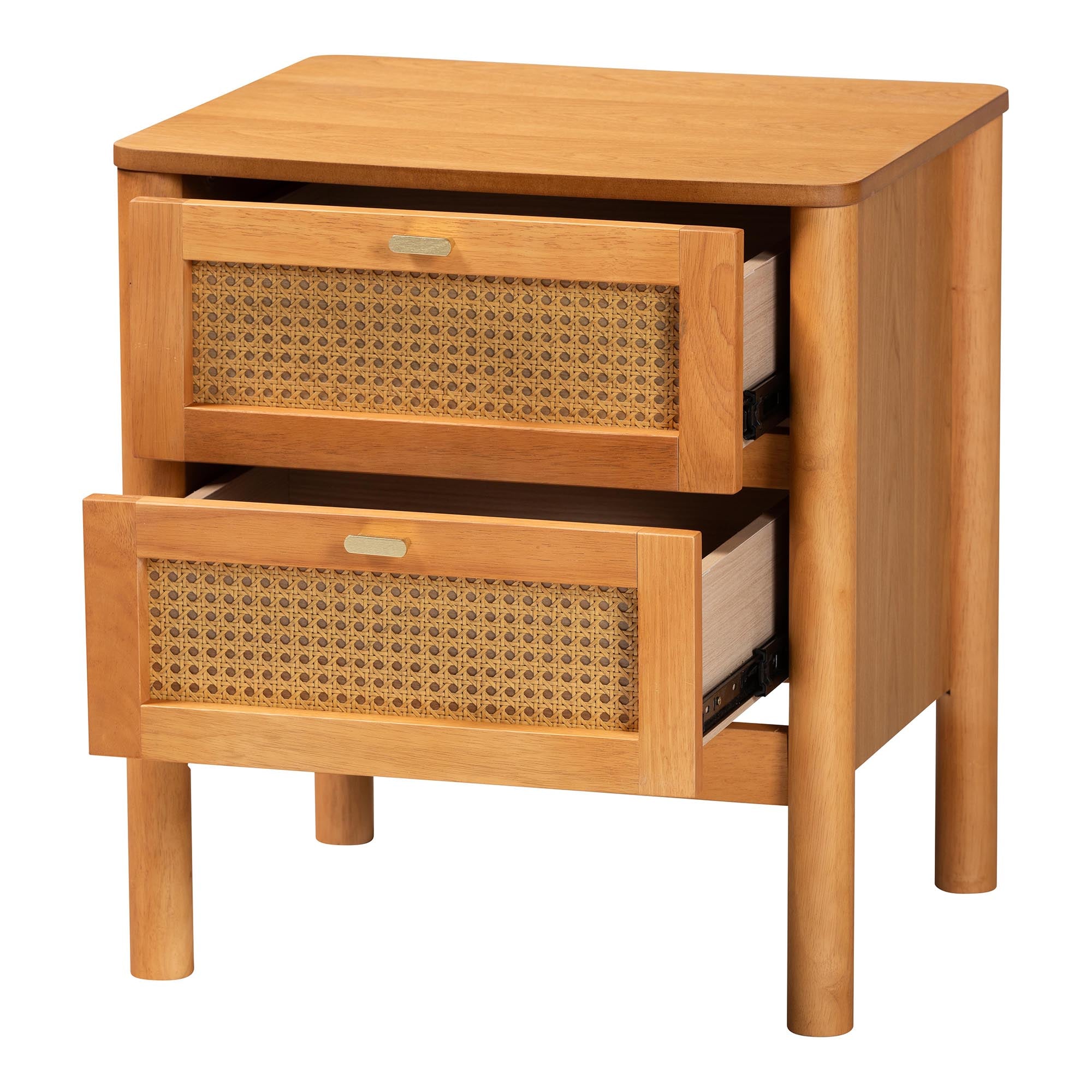 Baxton Studio Jenn Golden Brown Wood Japandi 2-Drawer Nightstand with Distressed-Finished Rattan