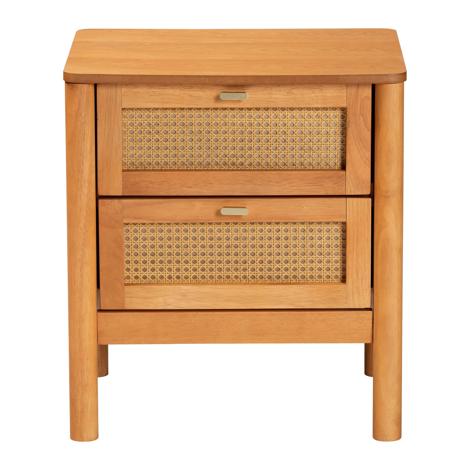 Baxton Studio Jenn Golden Brown Wood Japandi 2-Drawer Nightstand with Distressed-Finished Rattan