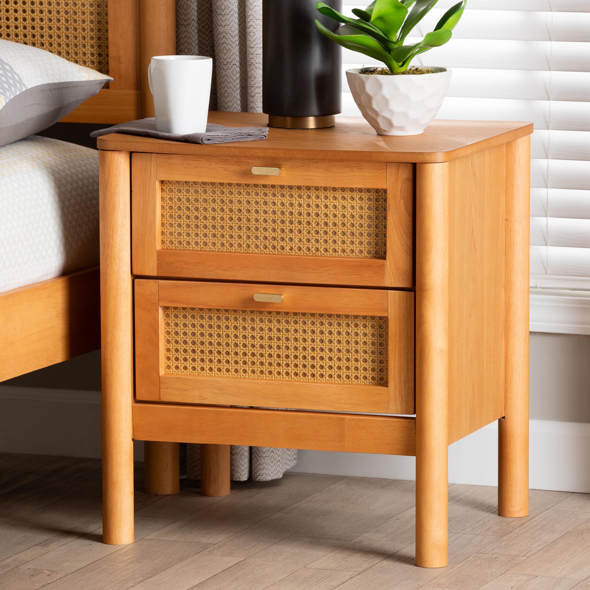 Baxton Studio Jenn Golden Brown Wood Japandi 2-Drawer Nightstand with Distressed-Finished Rattan