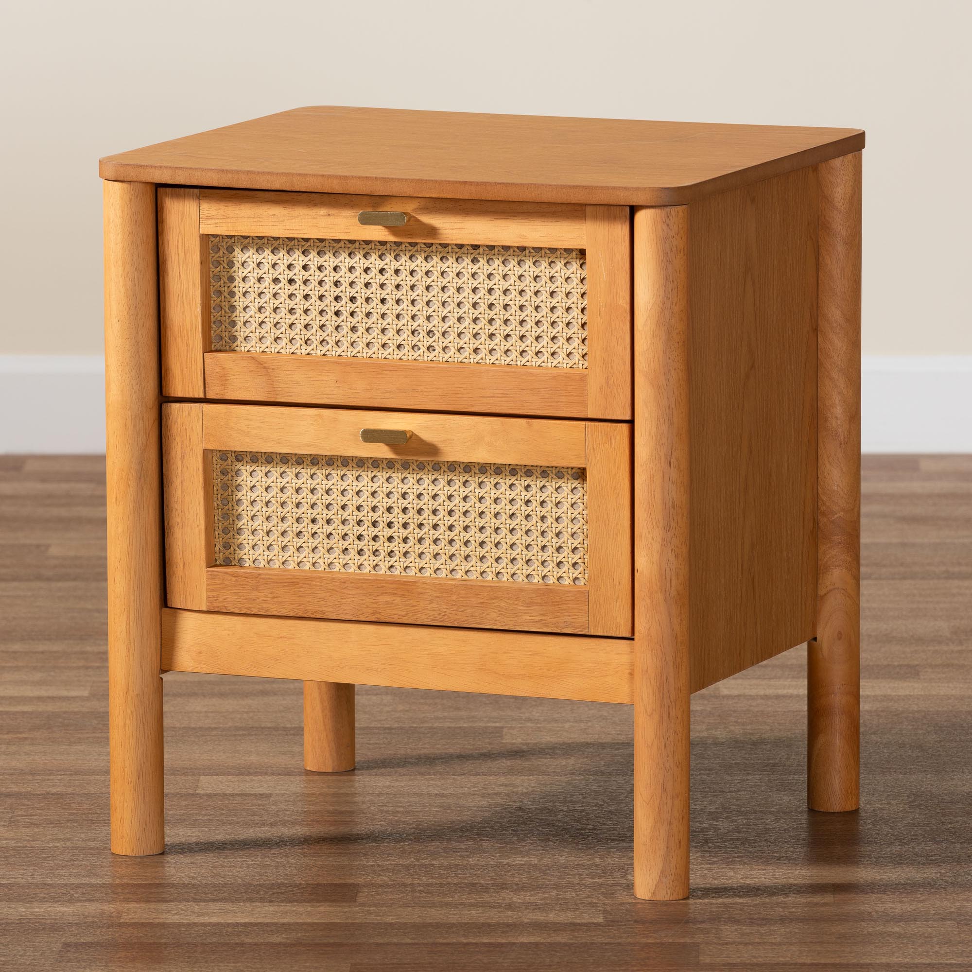 Baxton Studio Jenn Golden Brown Wood Japandi 2-Drawer Nightstand with Distressed-Finished Rattan