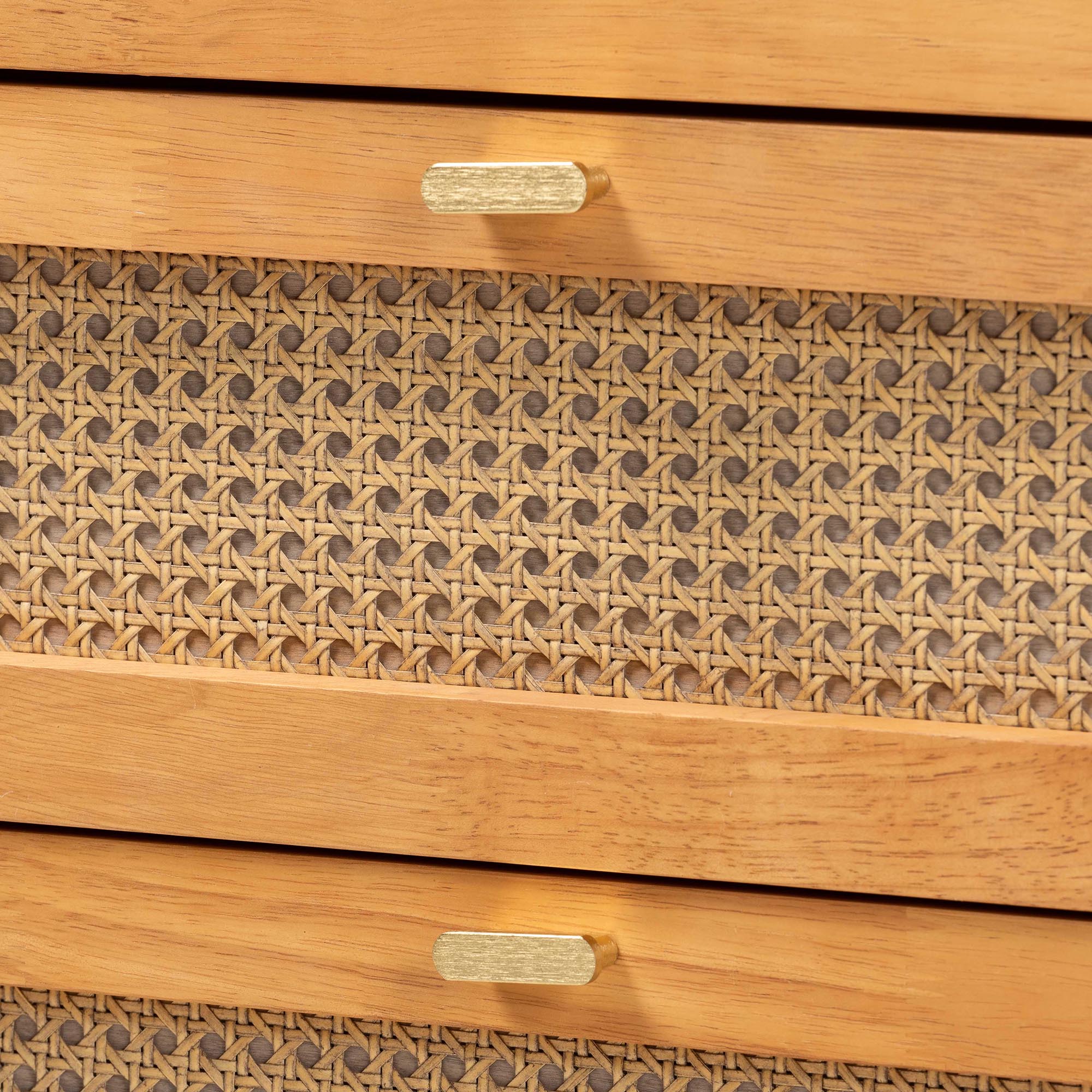 Baxton Studio Jenn Golden Brown Wood Japandi 4-Drawer Chest with Distressed-Finished Rattan