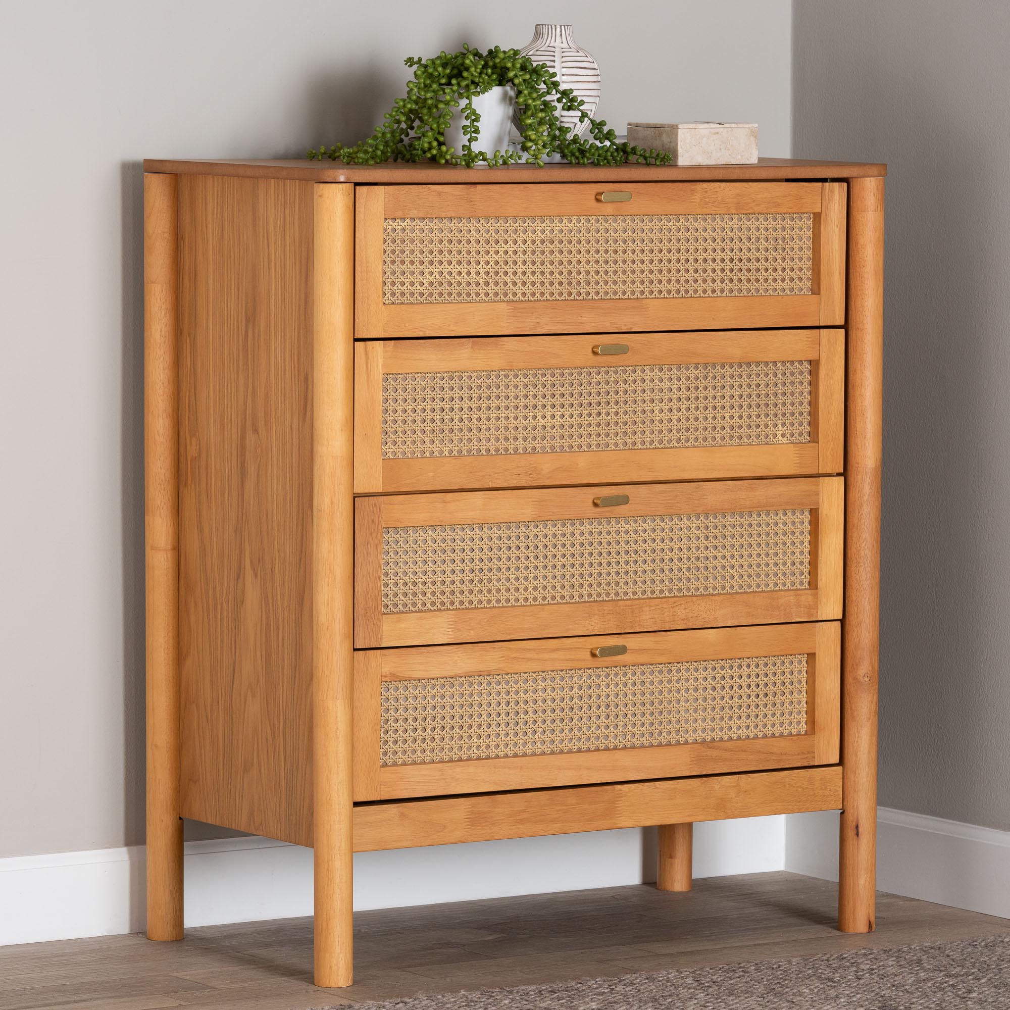 Baxton Studio Jenn Golden Brown Wood Japandi 4-Drawer Chest with Distressed-Finished Rattan