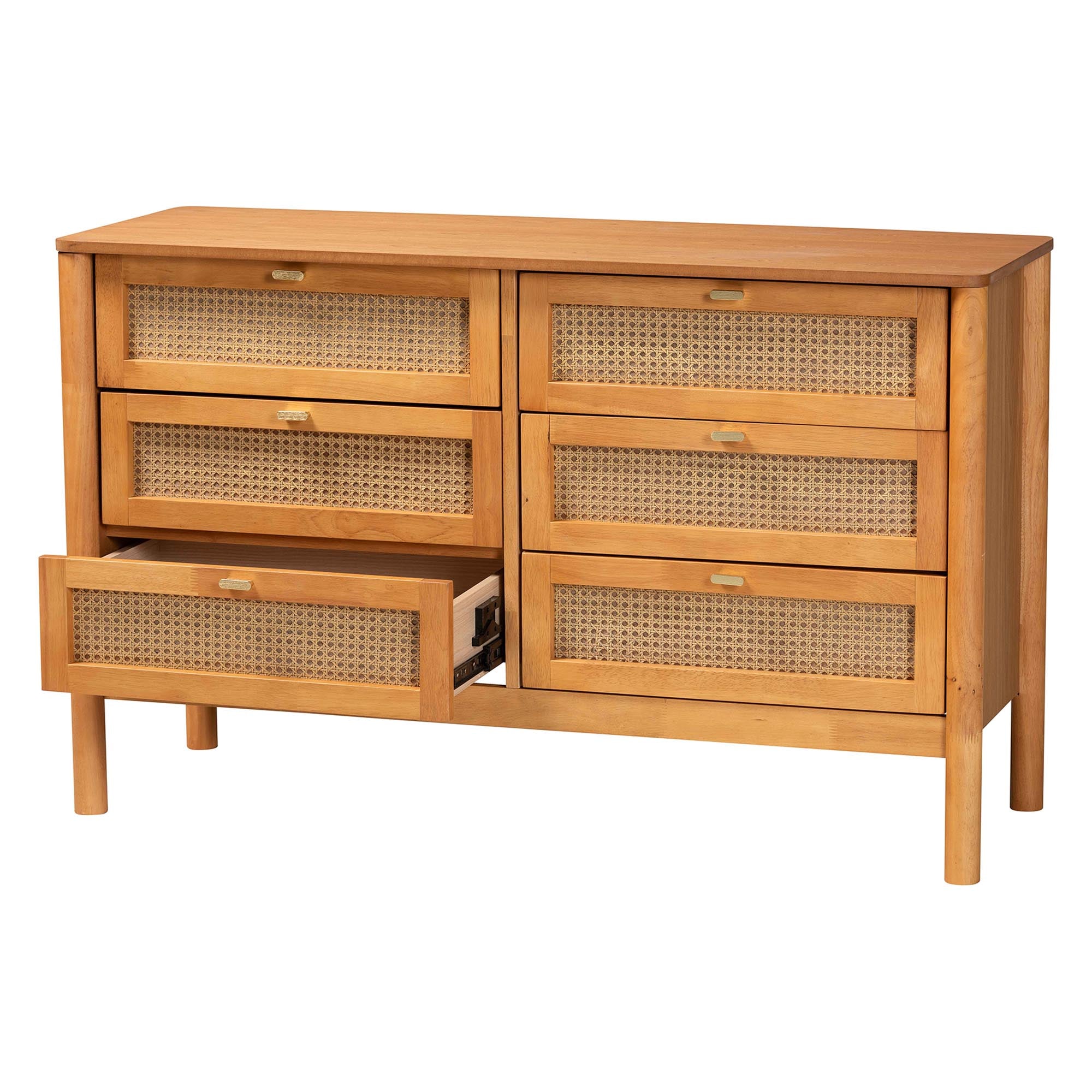 Baxton Studio Jenn Golden Brown Wood Japandi 6-Drawer Dresser with Distressed-Finished Rattan