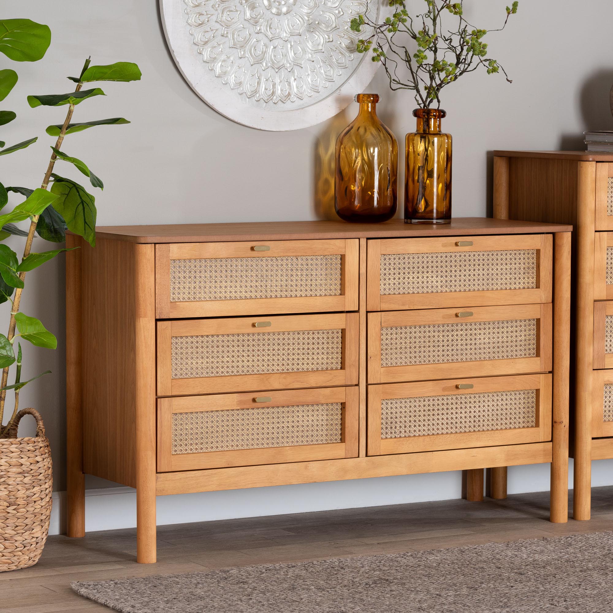 Baxton Studio Jenn Golden Brown Wood Japandi 6-Drawer Dresser with Distressed-Finished Rattan