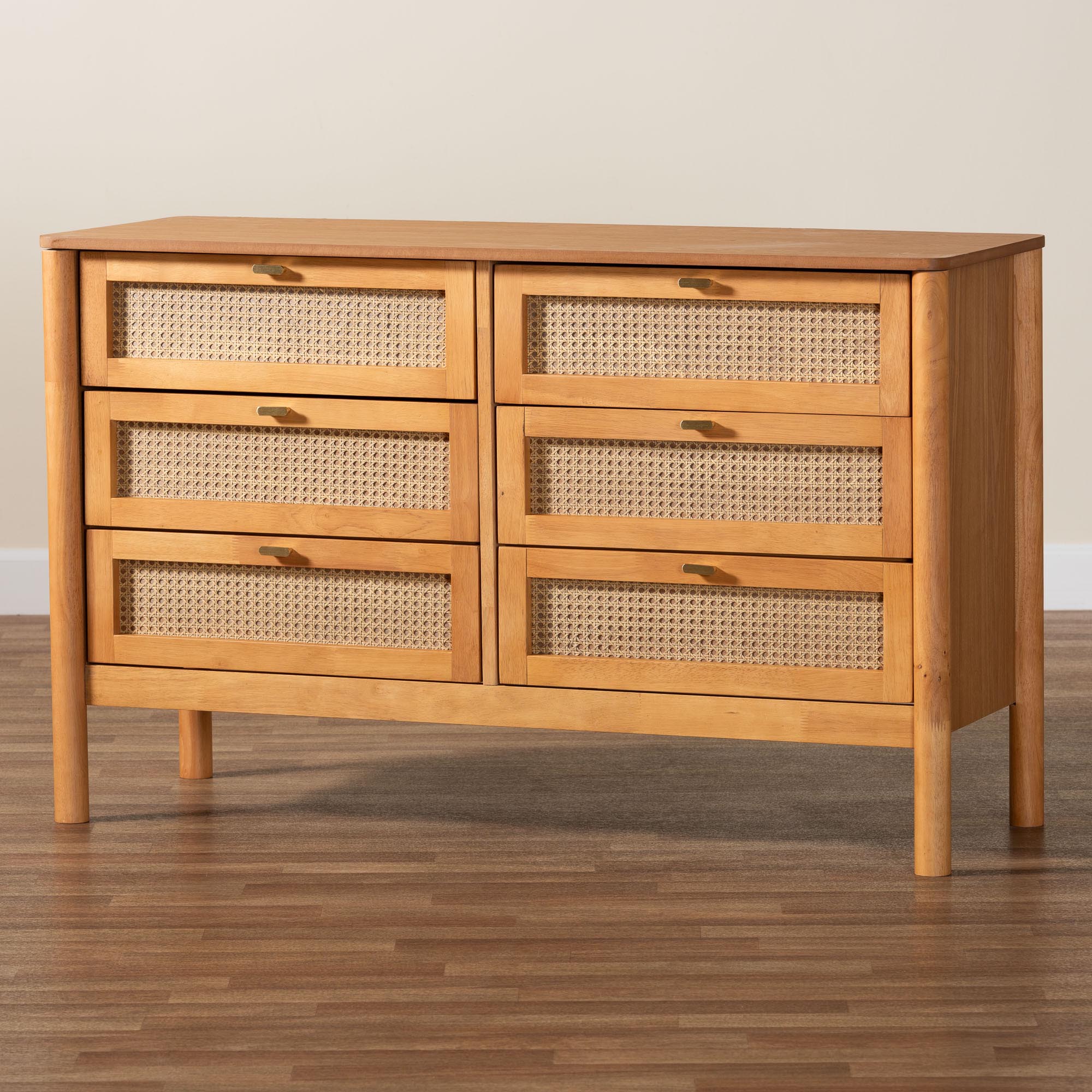 Baxton Studio Jenn Golden Brown Wood Japandi 6-Drawer Dresser with Distressed-Finished Rattan