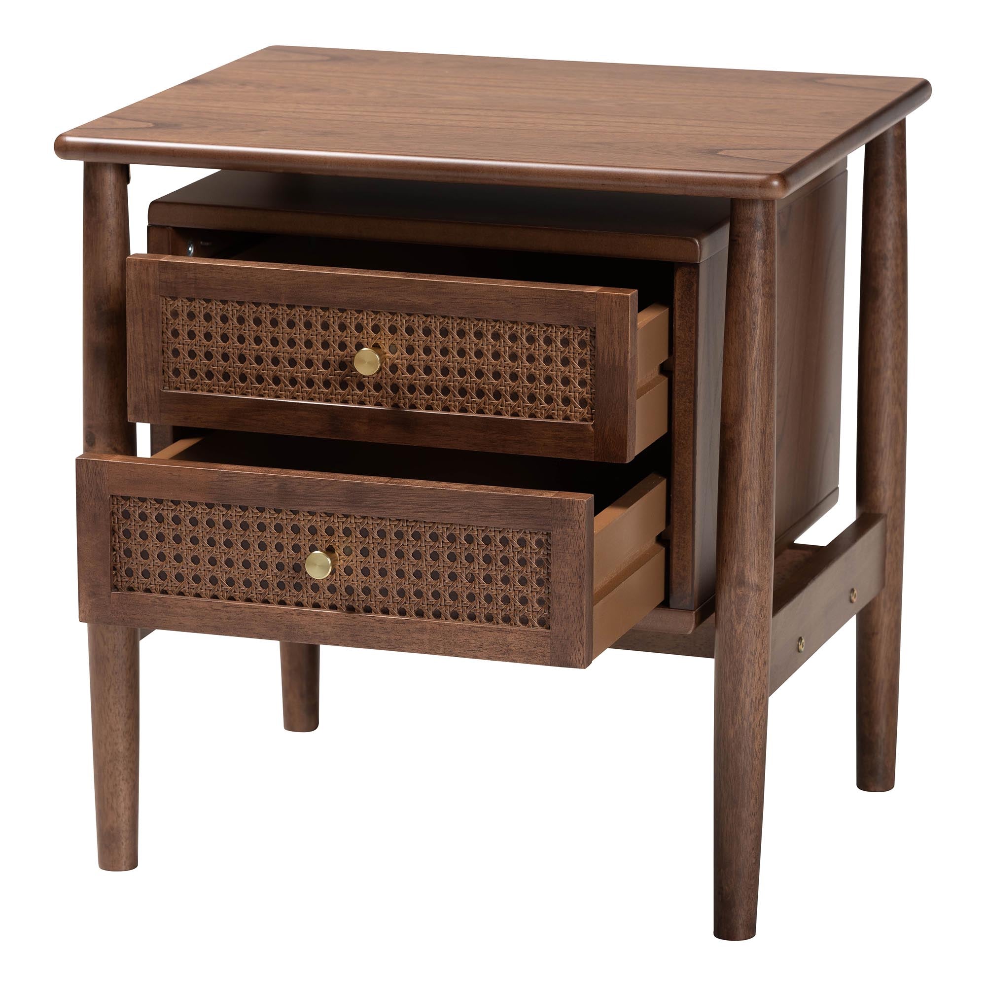 Baxton Studio Alyssa Japandi Walnut Brown Wood 2-Drawer Nightstand Woven with Rattan