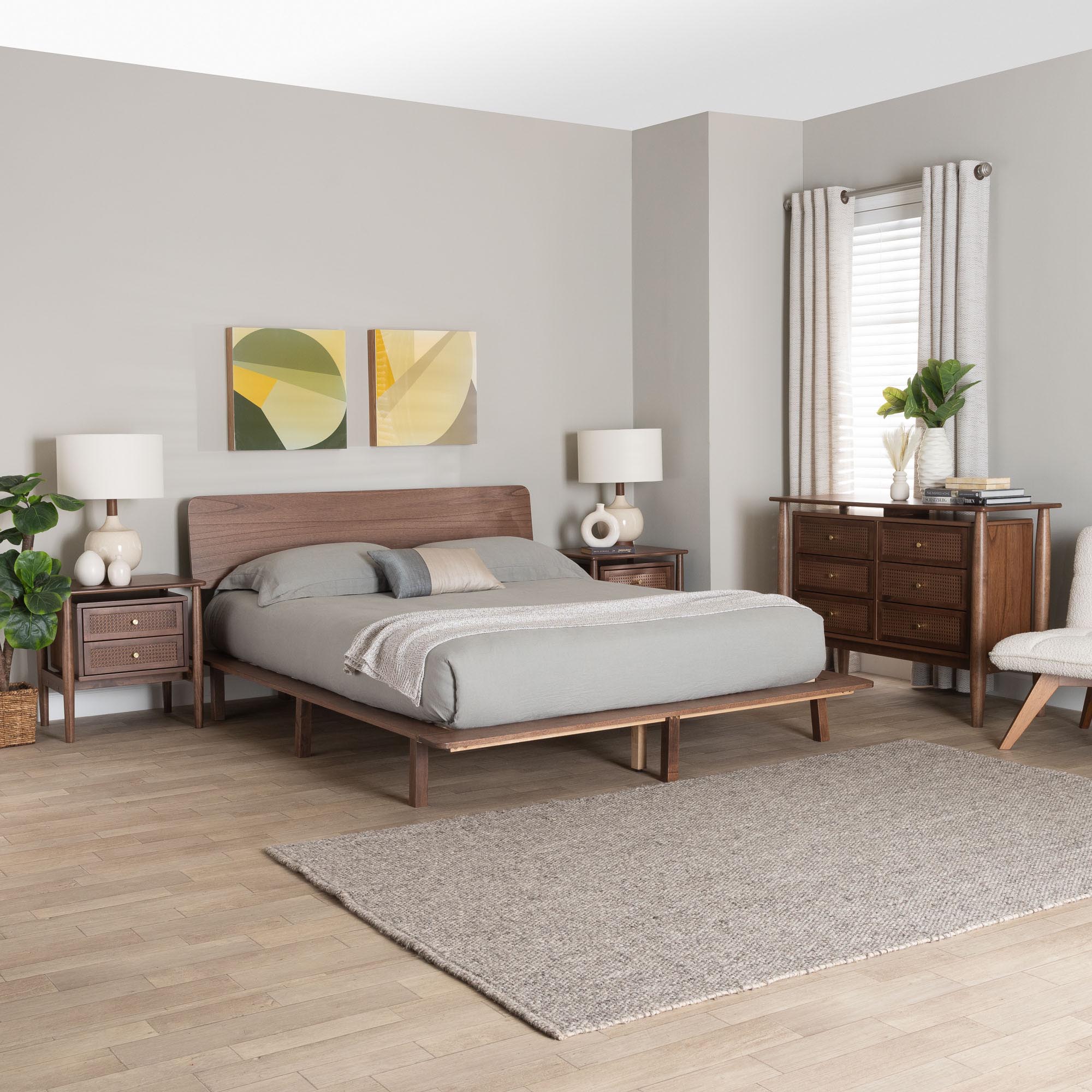 Baxton Studio Alyssa Japandi Walnut Brown Wood King Size 4-Piece Bedroom Set