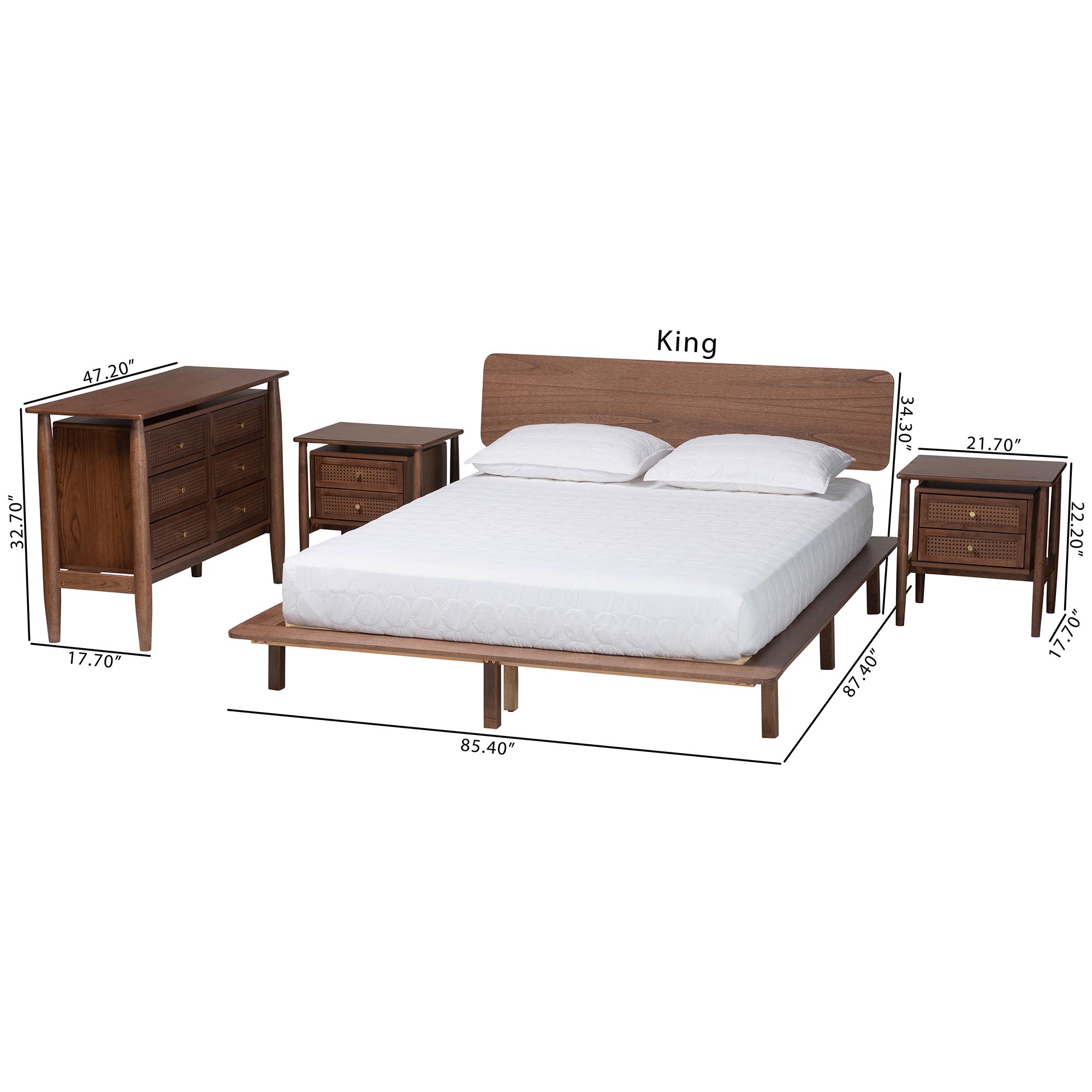 Baxton Studio Alyssa Japandi Walnut Brown Wood Queen Size 4-Piece Bedroom Set