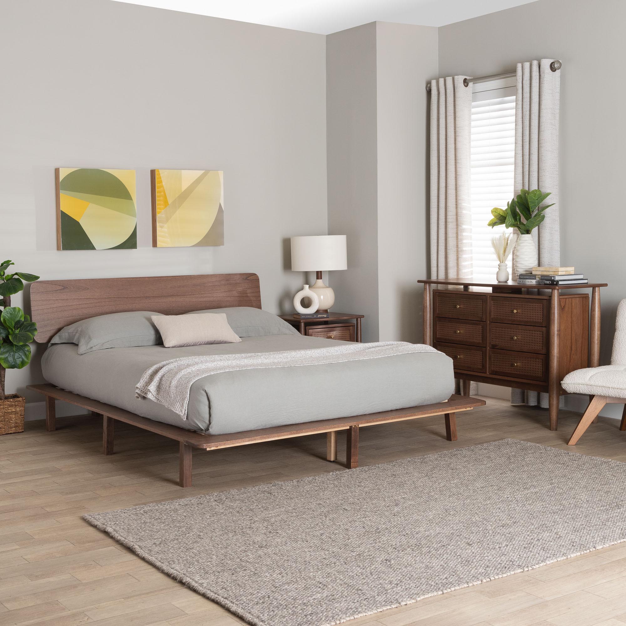Baxton Studio Alyssa Japandi Walnut Brown Wood Queen Size 3-Piece Bedroom Set