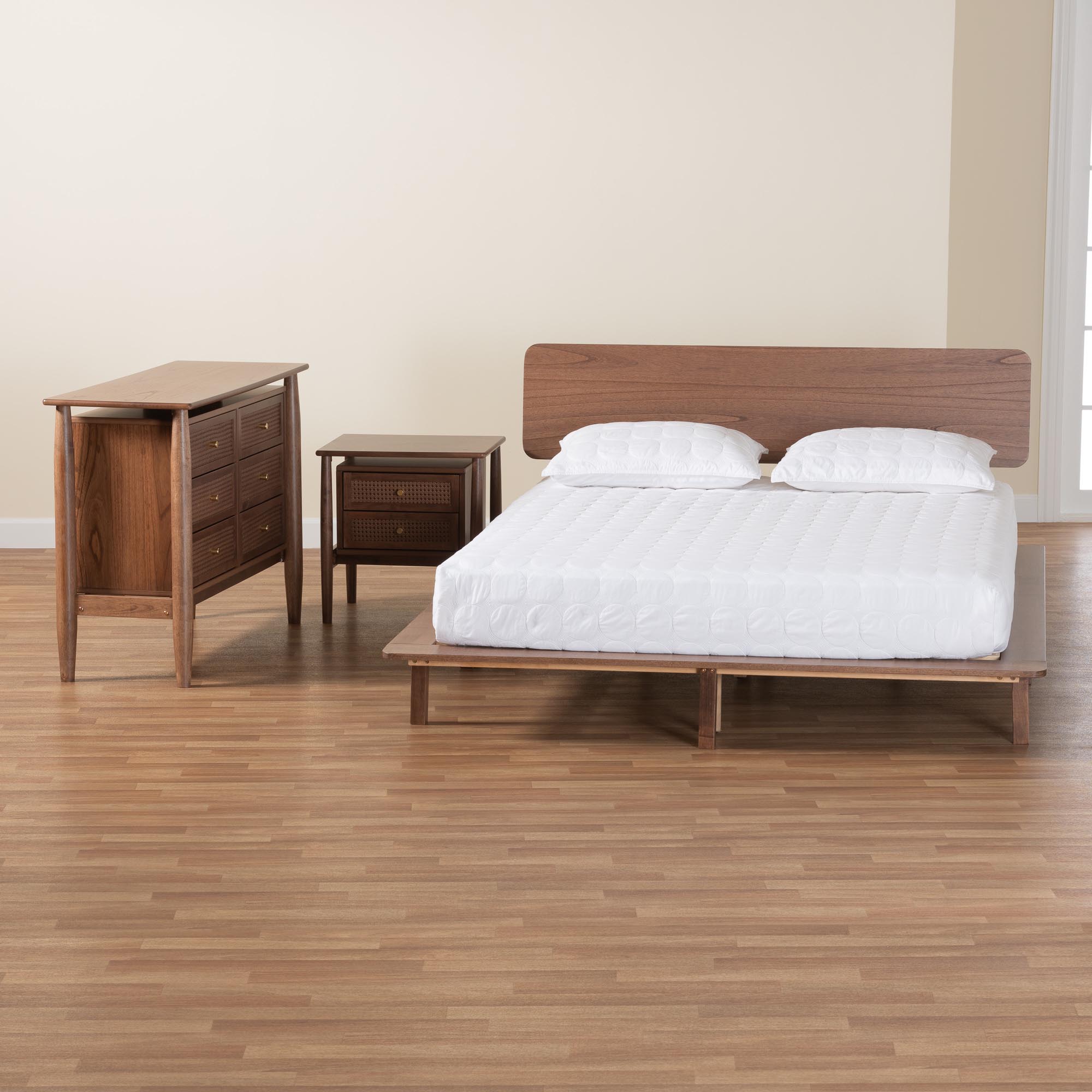 Baxton Studio Alyssa Japandi Walnut Brown Wood Queen Size 3-Piece Bedroom Set
