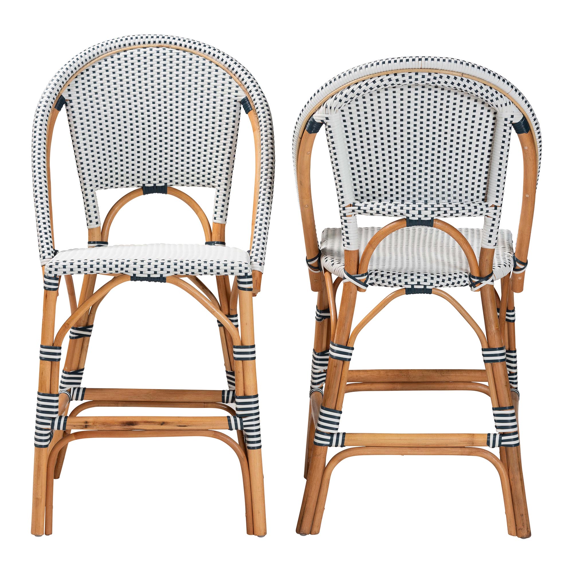 bali & pari Genica Classic French Two-Tone Navy and White Weaving and Natural Rattan 2-Piece Counter Stool Set