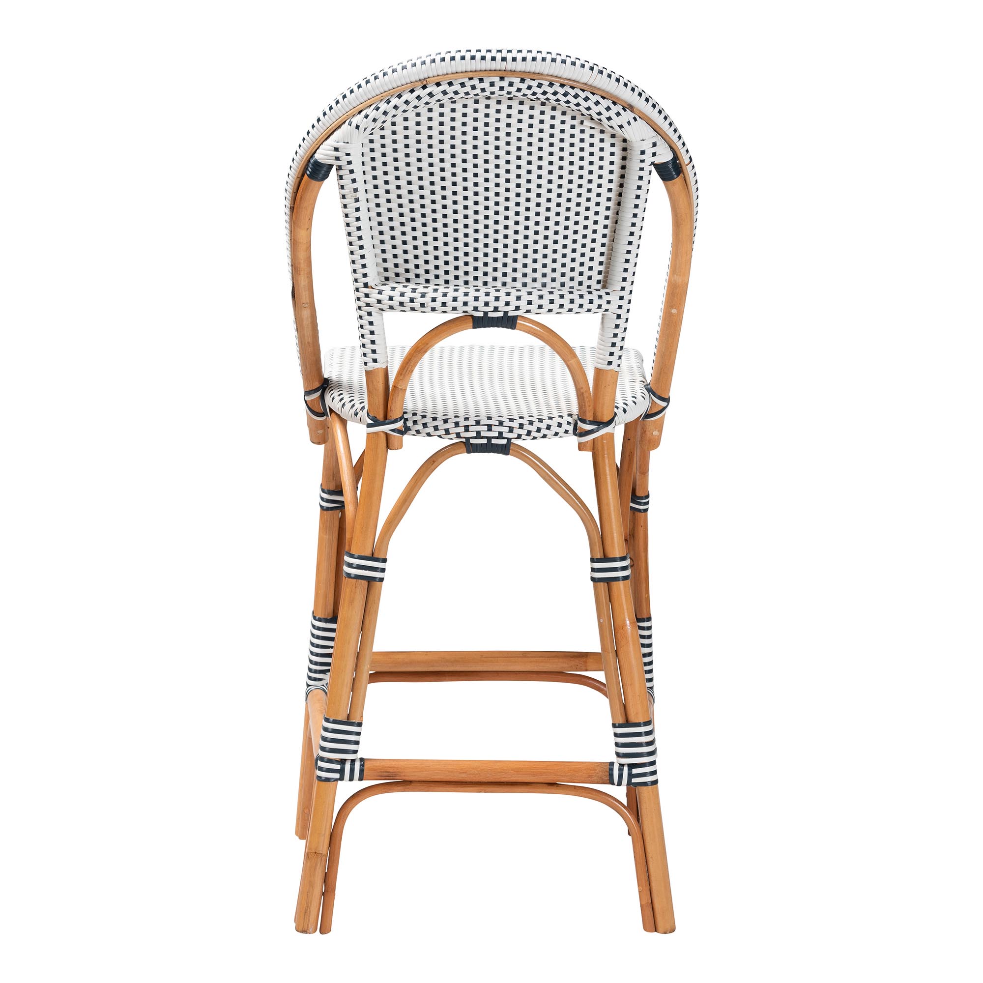 bali & pari Genica Classic French Two-Tone Navy and White Weaving and Natural Rattan Bar Stool