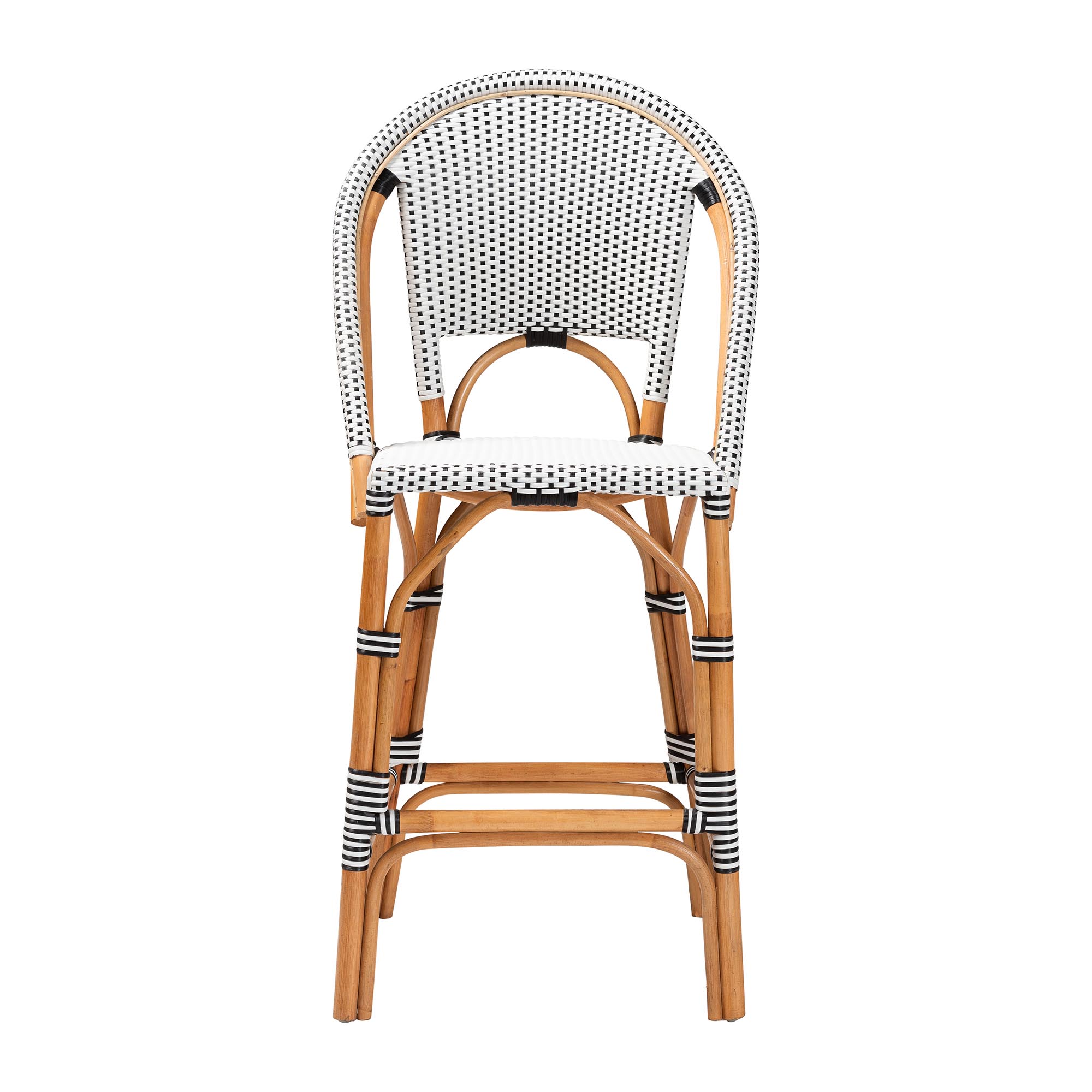 bali & pari Genica Classic French Two-Tone Black and White Weaving and Natural Rattan Bar Stool