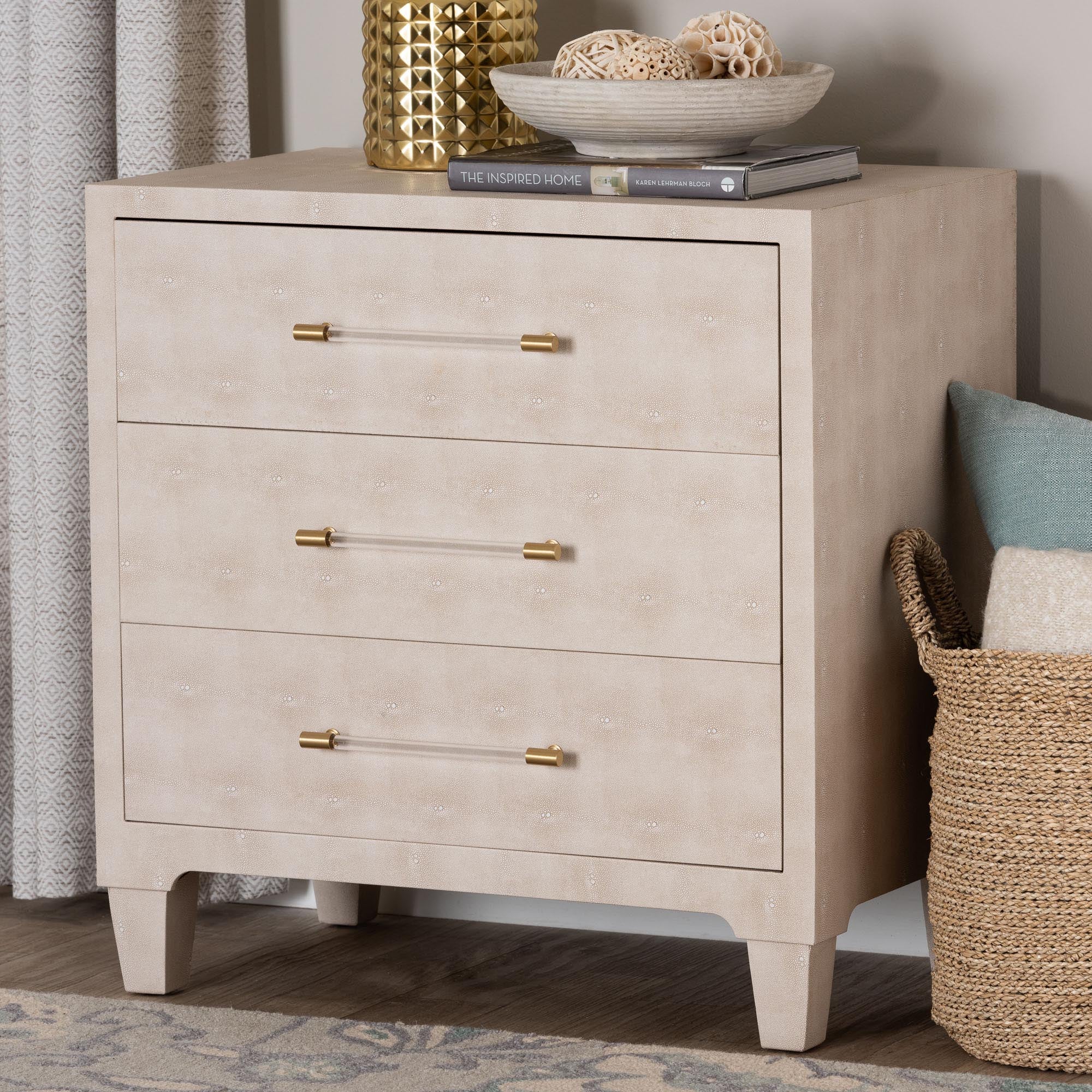 Baxton Studio Nira Modern Beige Faux Shagreen 3-Drawer Storage Cabinet
