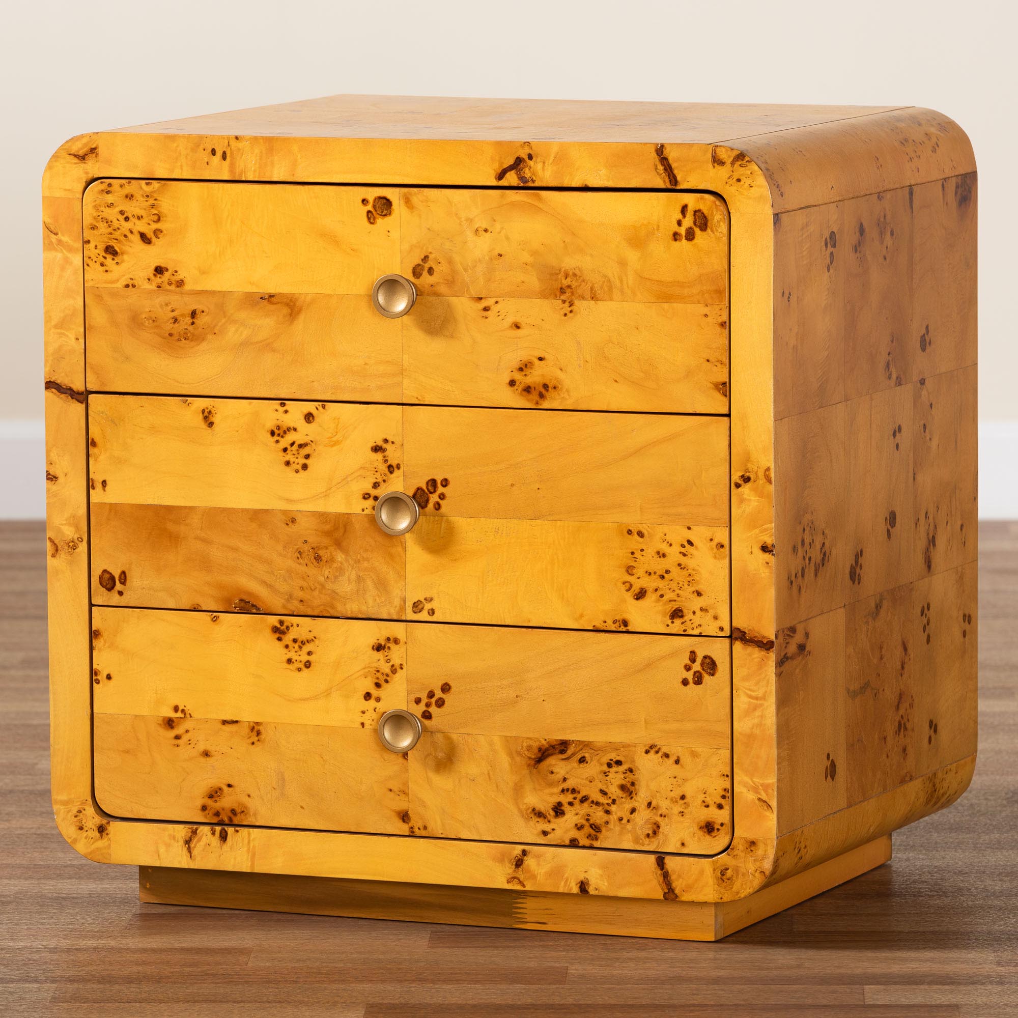 bali & pari Netra Modern and Contemporary Natural Real Burl Wood 3-Drawer Nightstand