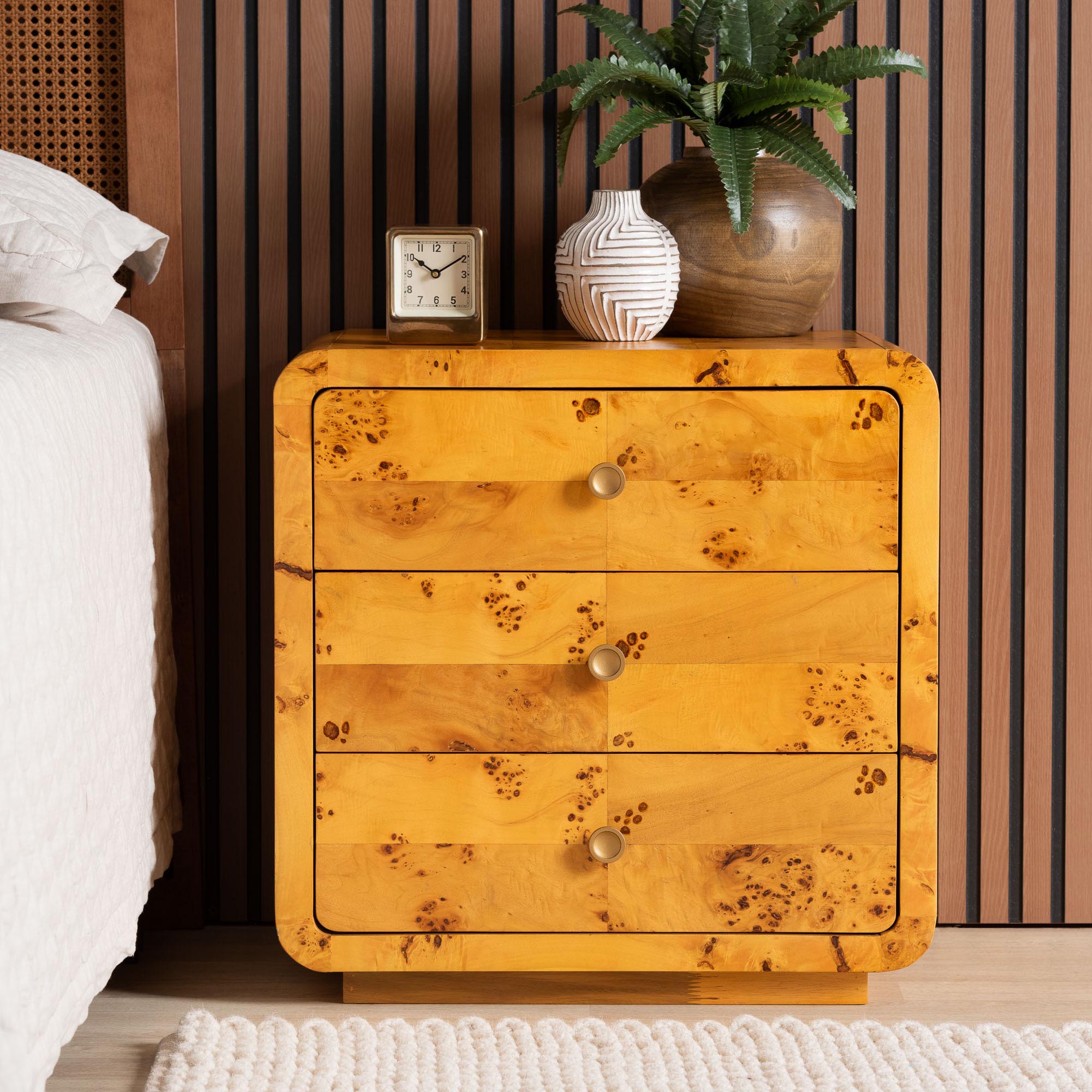 bali & pari Netra Modern and Contemporary Natural Real Burl Wood 3-Drawer Nightstand
