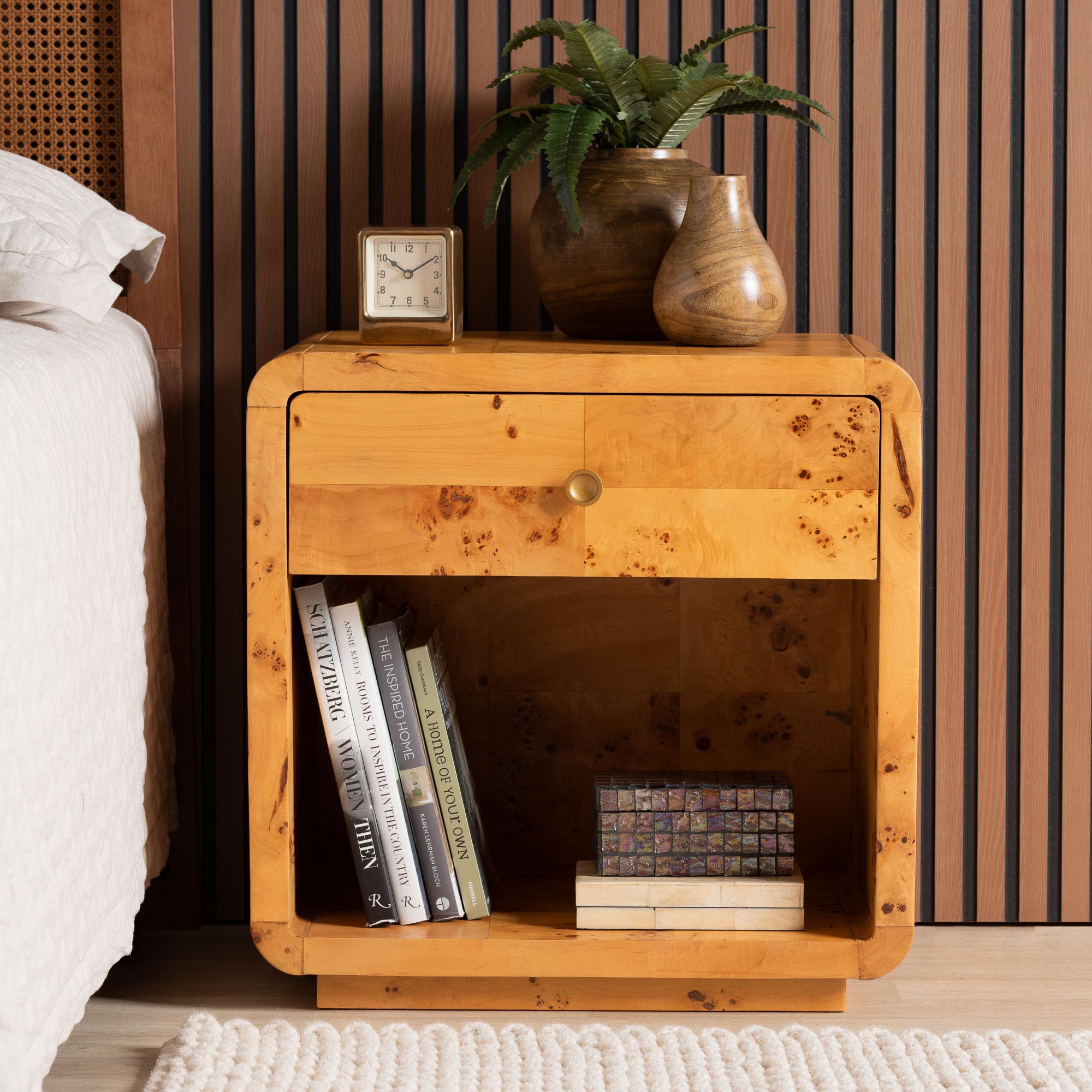 bali & pari Netra Modern and Contemporary Natural Real Burl Wood 1-Drawer Nightstand