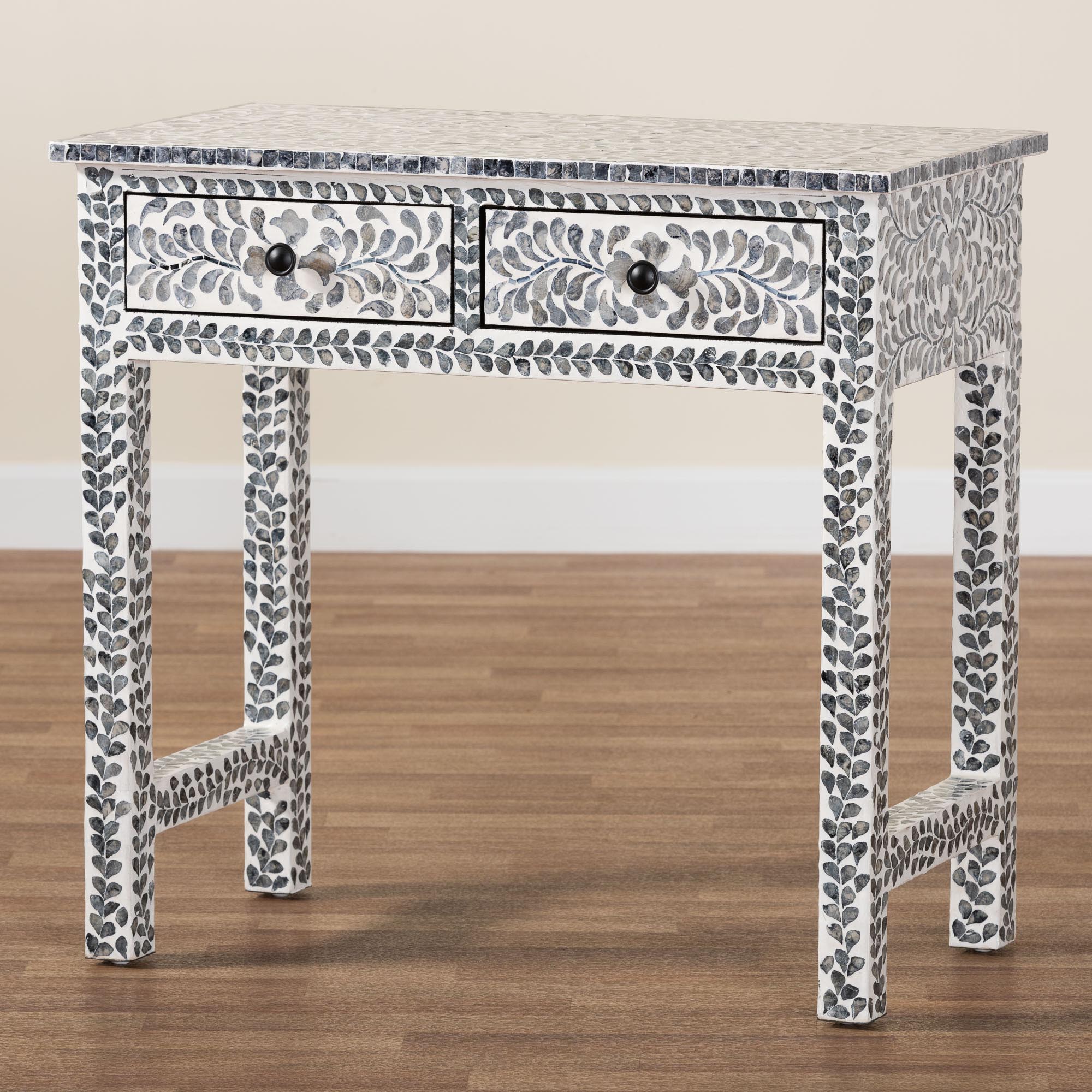 bali & pari Diata Coastal Black and White Mother of Pearl Capiz Shell 2-Drawer Console Table