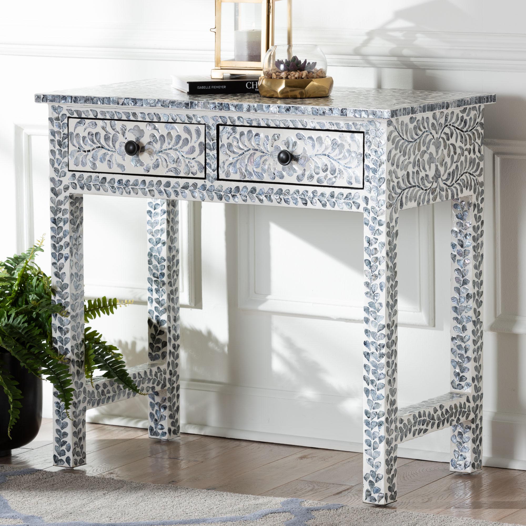 bali & pari Diata Coastal Black and White Mother of Pearl Capiz Shell 2-Drawer Console Table