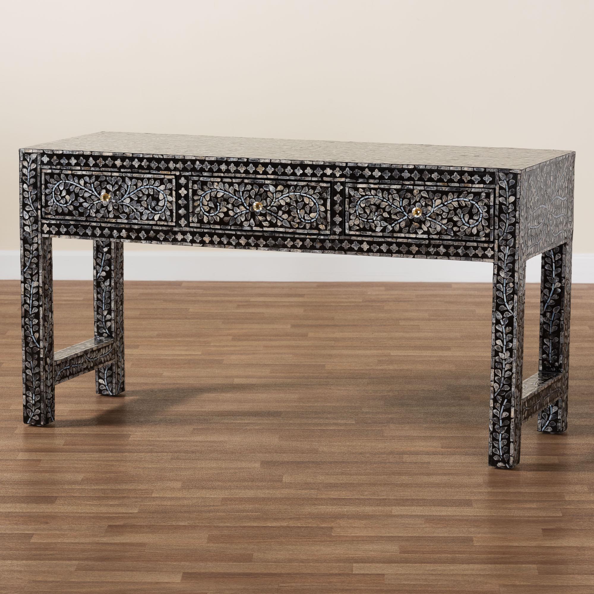 bali & pari Elara Coastal Black and White Mother of Pearl Capiz Shell 3-Drawer Console Table