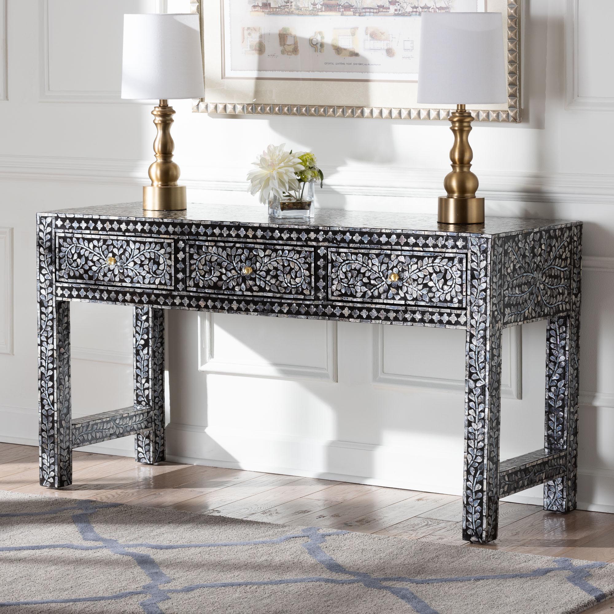 bali & pari Elara Coastal Black and White Mother of Pearl Capiz Shell 3-Drawer Console Table