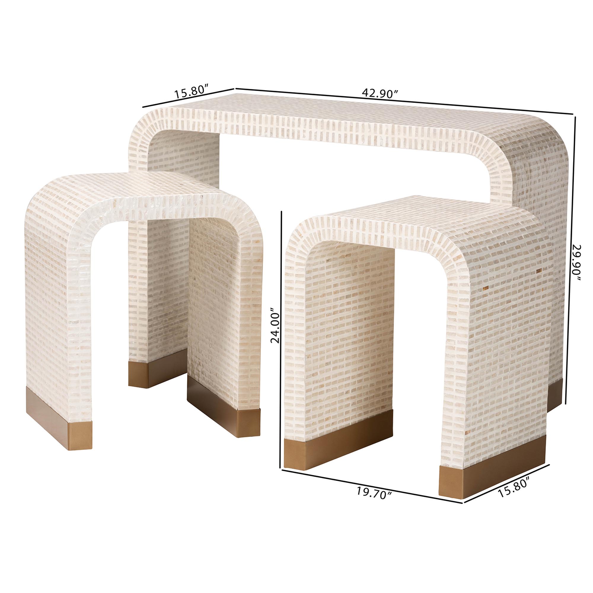 bali & pari Carlyn Coastal Beige and White Mother of Pearl Capiz Shell 3-Piece Accent Table Set