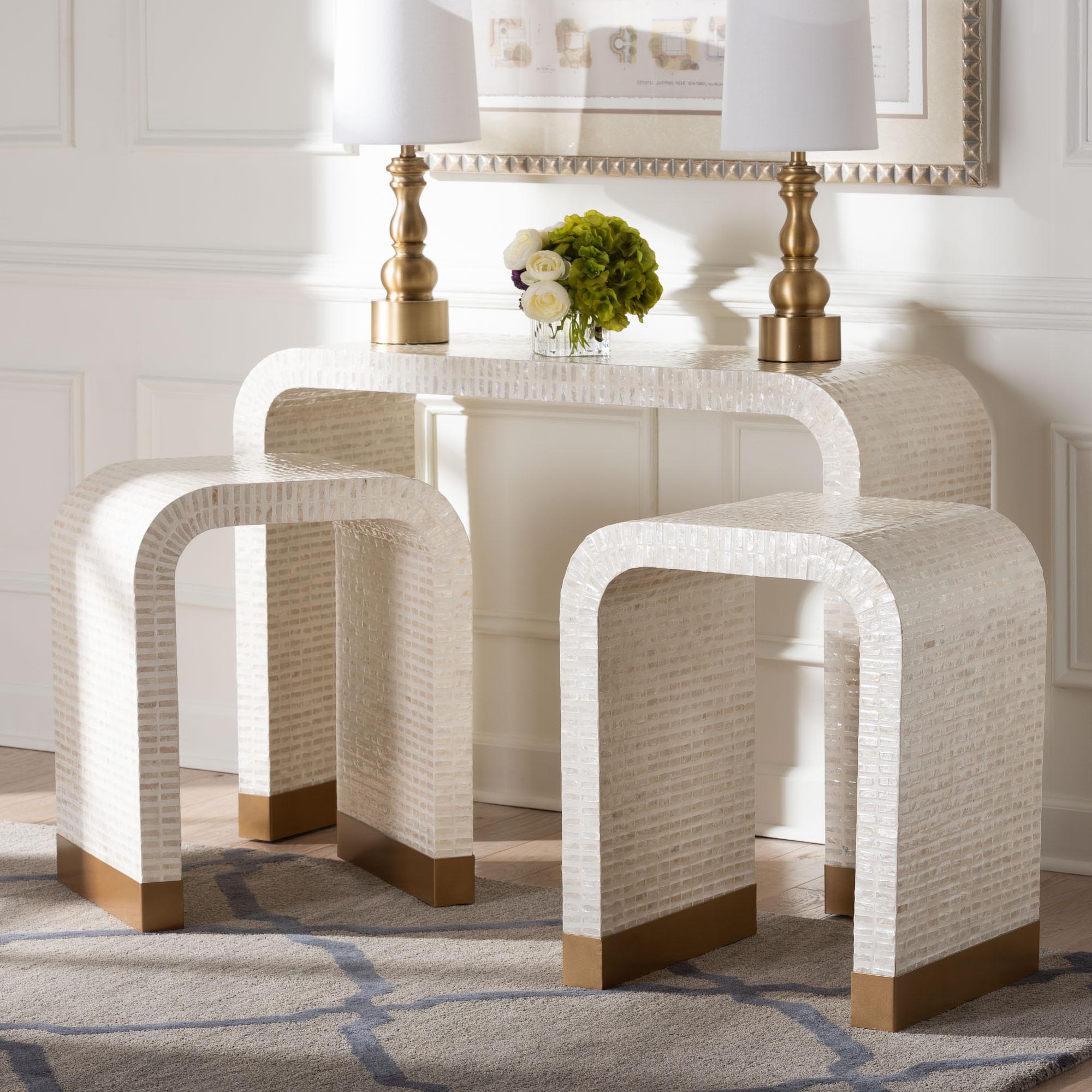 bali & pari Carlyn Coastal Beige and White Mother of Pearl Capiz Shell 3-Piece Accent Table Set