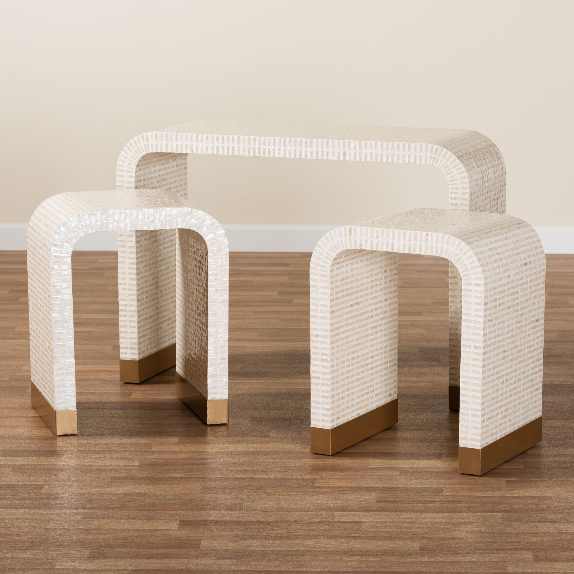 bali & pari Carlyn Coastal Beige and White Mother of Pearl Capiz Shell 3-Piece Accent Table Set