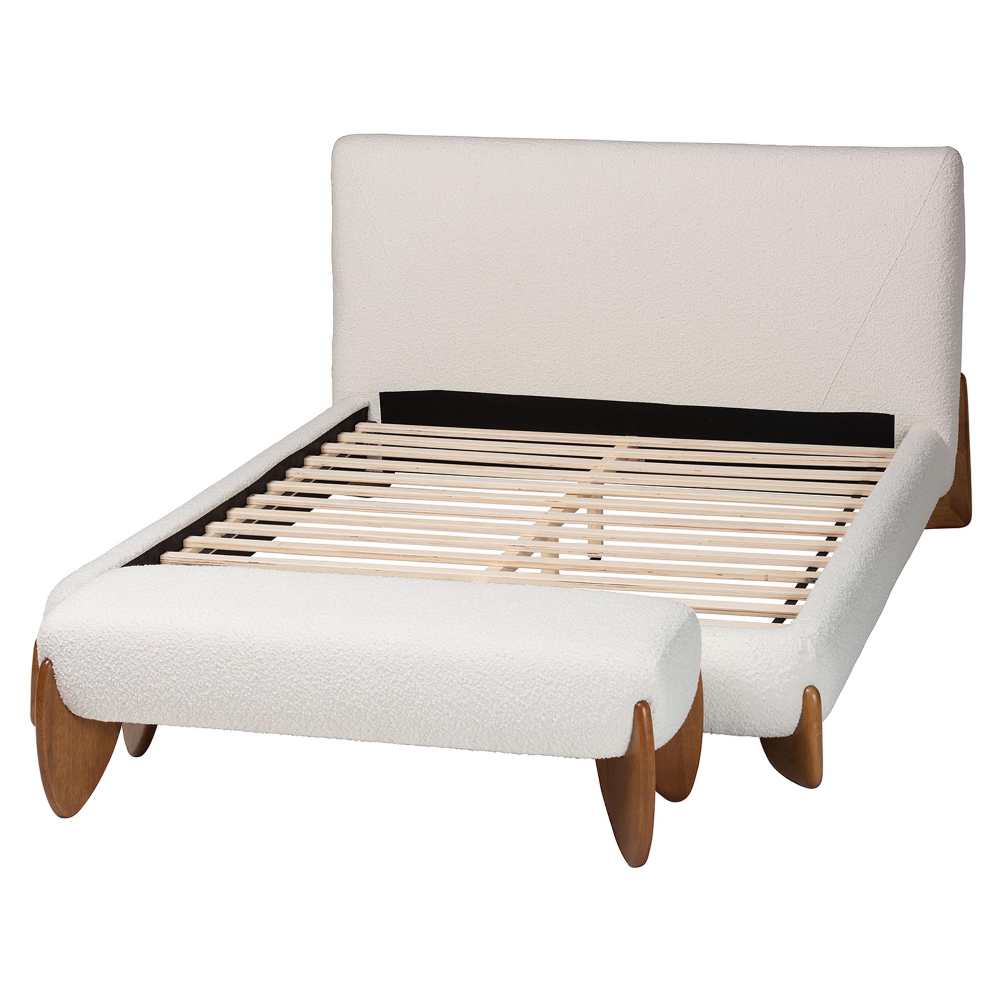 Baxton Studio Vinicio Mid-Century Modern Cream Boucle Queen Size 2-Piece Bedroom Set