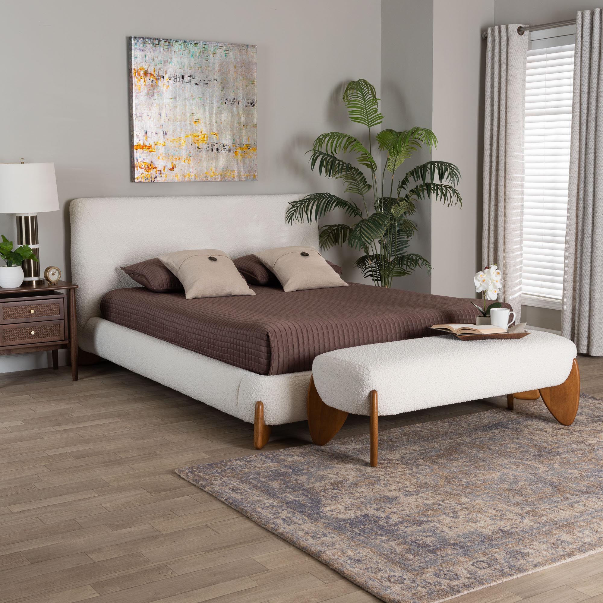 Baxton Studio Vinicio Mid-Century Modern Cream Boucle Queen Size 2-Piece Bedroom Set